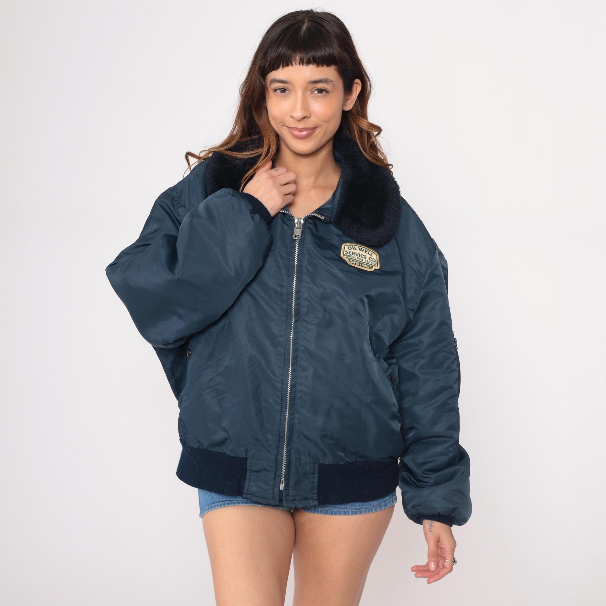 80s Navy Bomber Jacket Oil Well Service Embroidered Ken Patch XXL