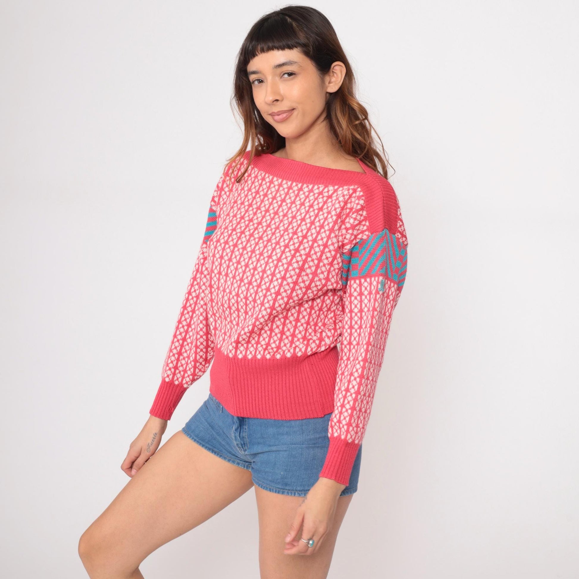 80s Demetre Wool Fair Isle Sweater Pink Geometric Boat Neck Medium M