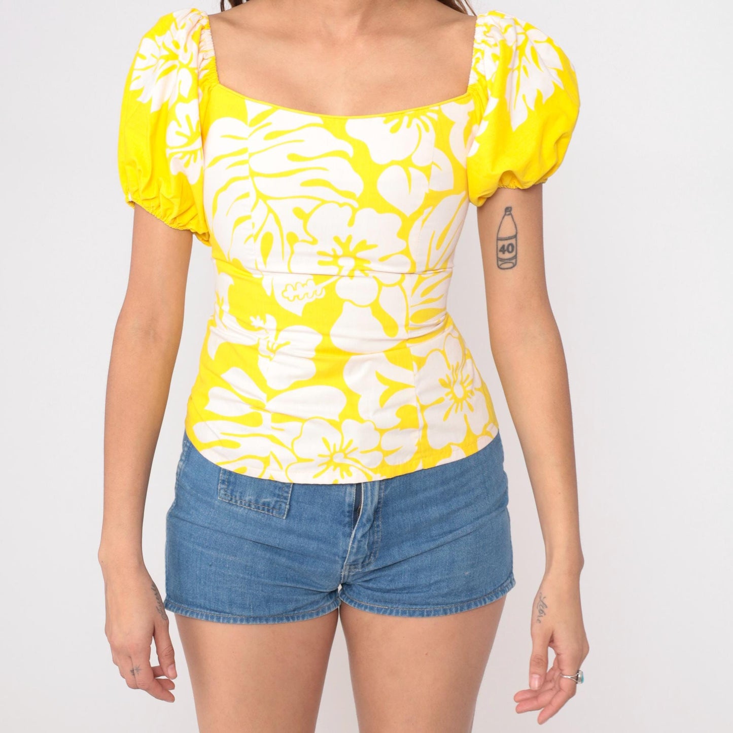 90s CC Fashions Yellow Floral Puff Sleeve Top Square Neckline Small S