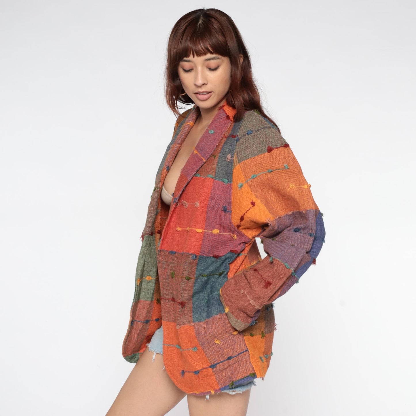 90s Patchwork Cotton Jacket Multicolor Block Button Front Medium M