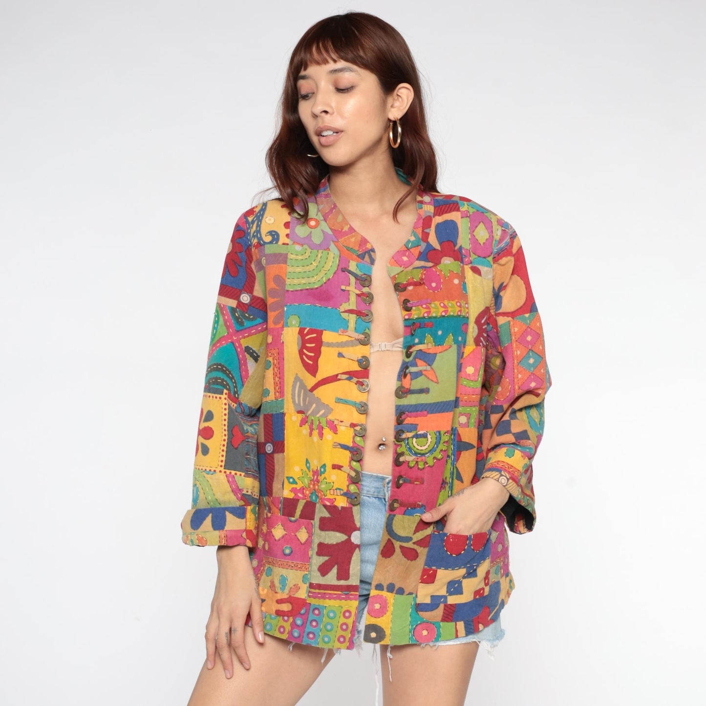 Y2K Rainbow Patchwork Cotton Jacket Embroidered Floral Button Front Extra Large