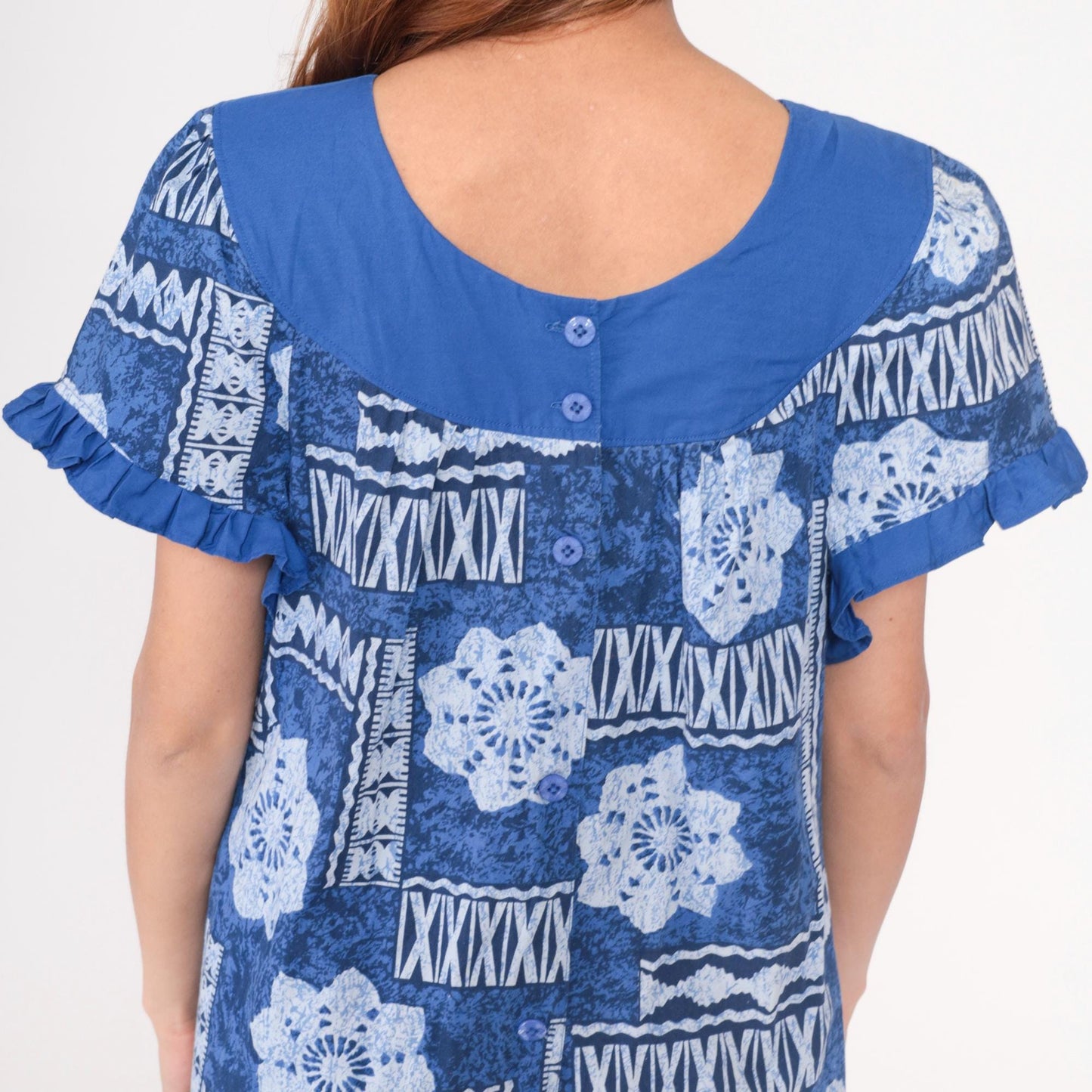 80s Blue White Geometric Tribal Maxi Dress Flutter Sleeve Scoop Neck Medium