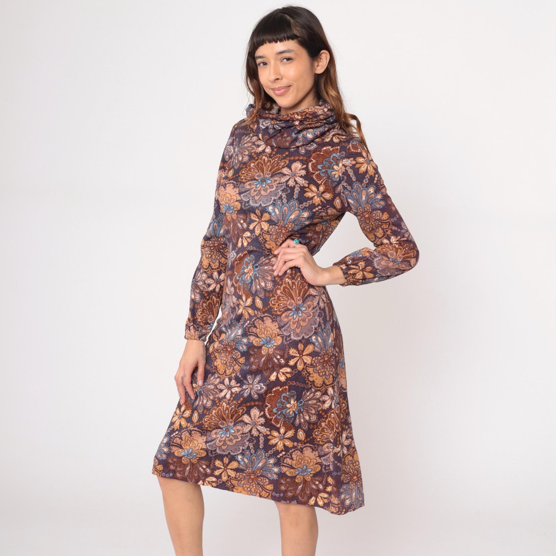 70s Brown Navy Paisley Floral Turtleneck Dress Knee-Length Small