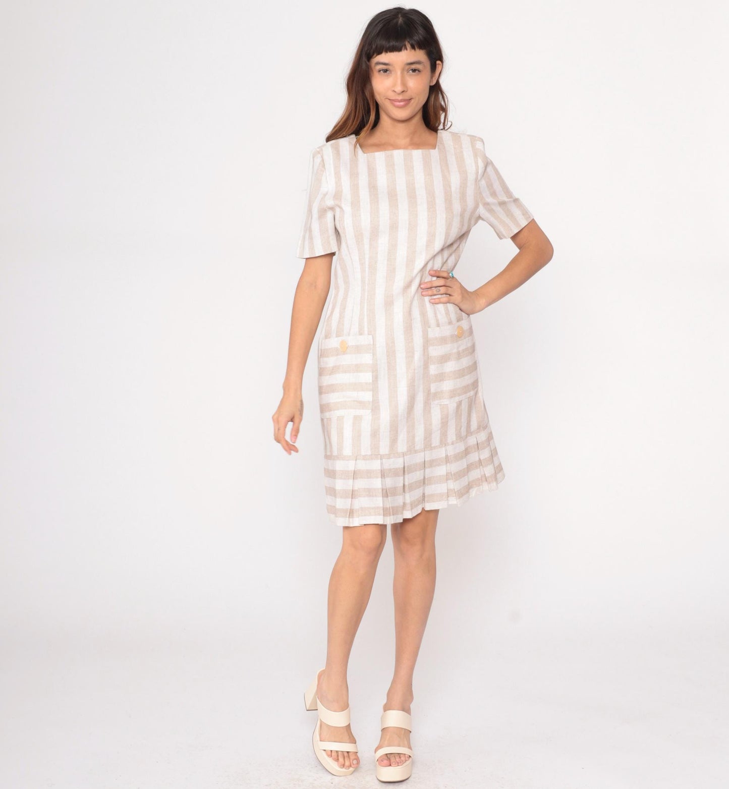 80s Jessica Howard Striped Dress Square Neckline Pleated Knee-Length Beige Medium