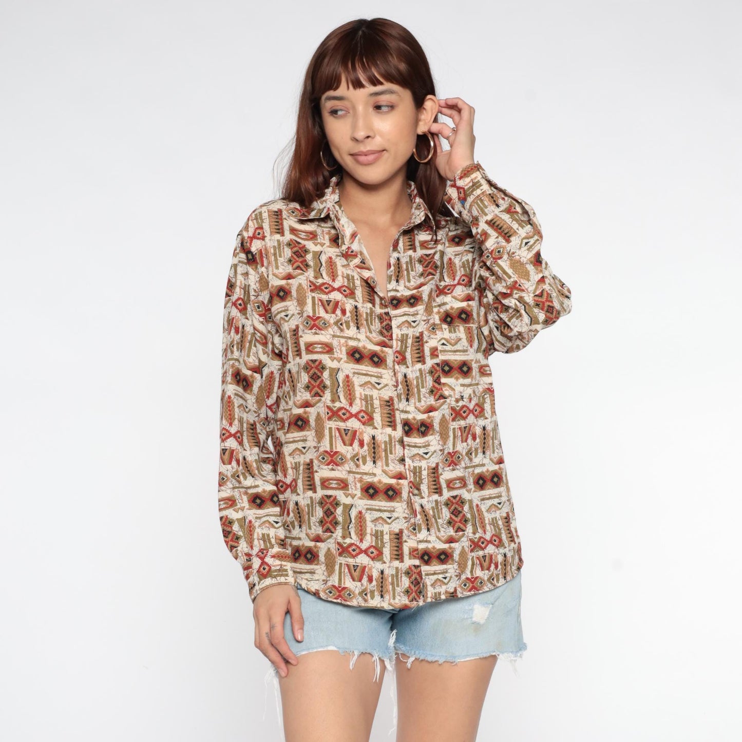 90s Tribal Geometric Button-Up Shirt Cream Rust Red Navy Olive Small