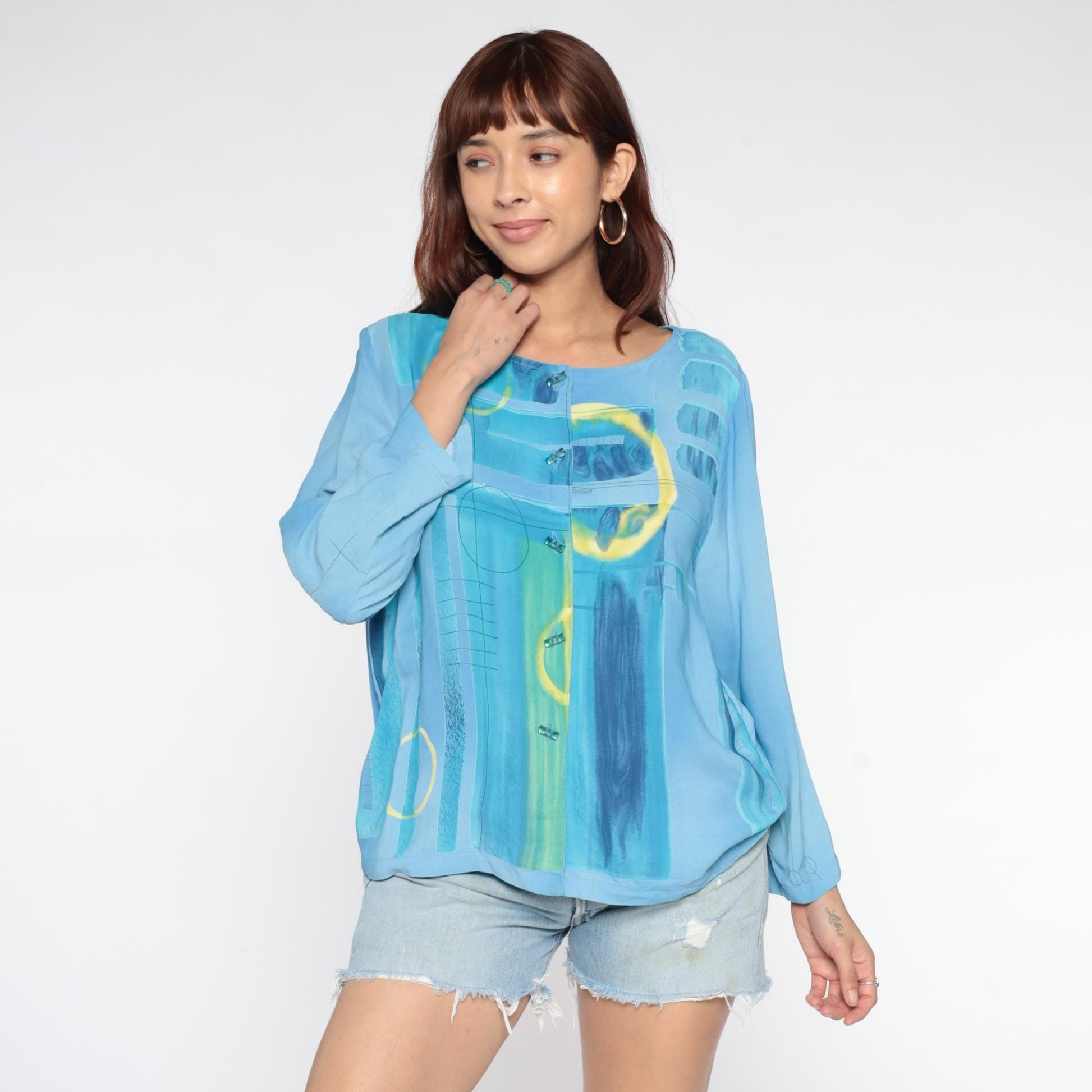 90s Nino Wong Geometric Watercolor Button Blouse Blue Rayon Medium M