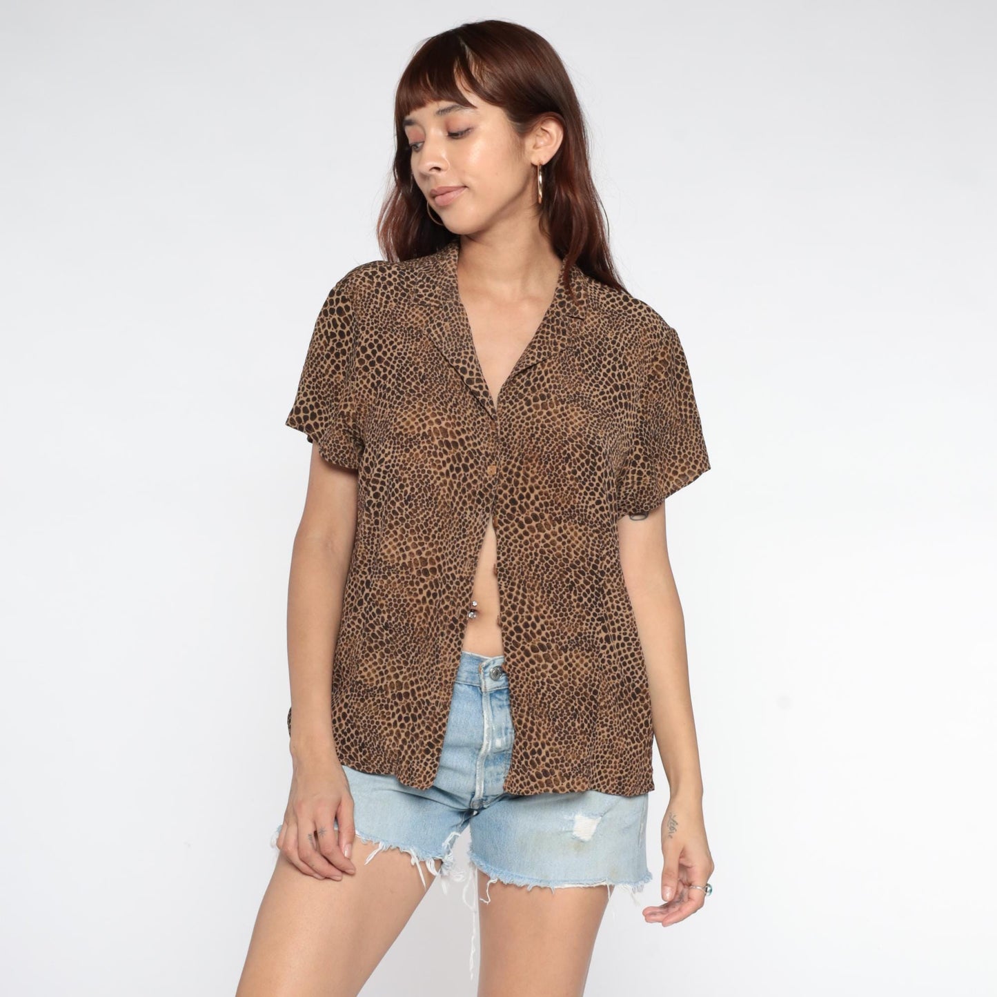 90s Leopard Print Button-Up Blouse Beige Brown Collared Short Sleeve Large L