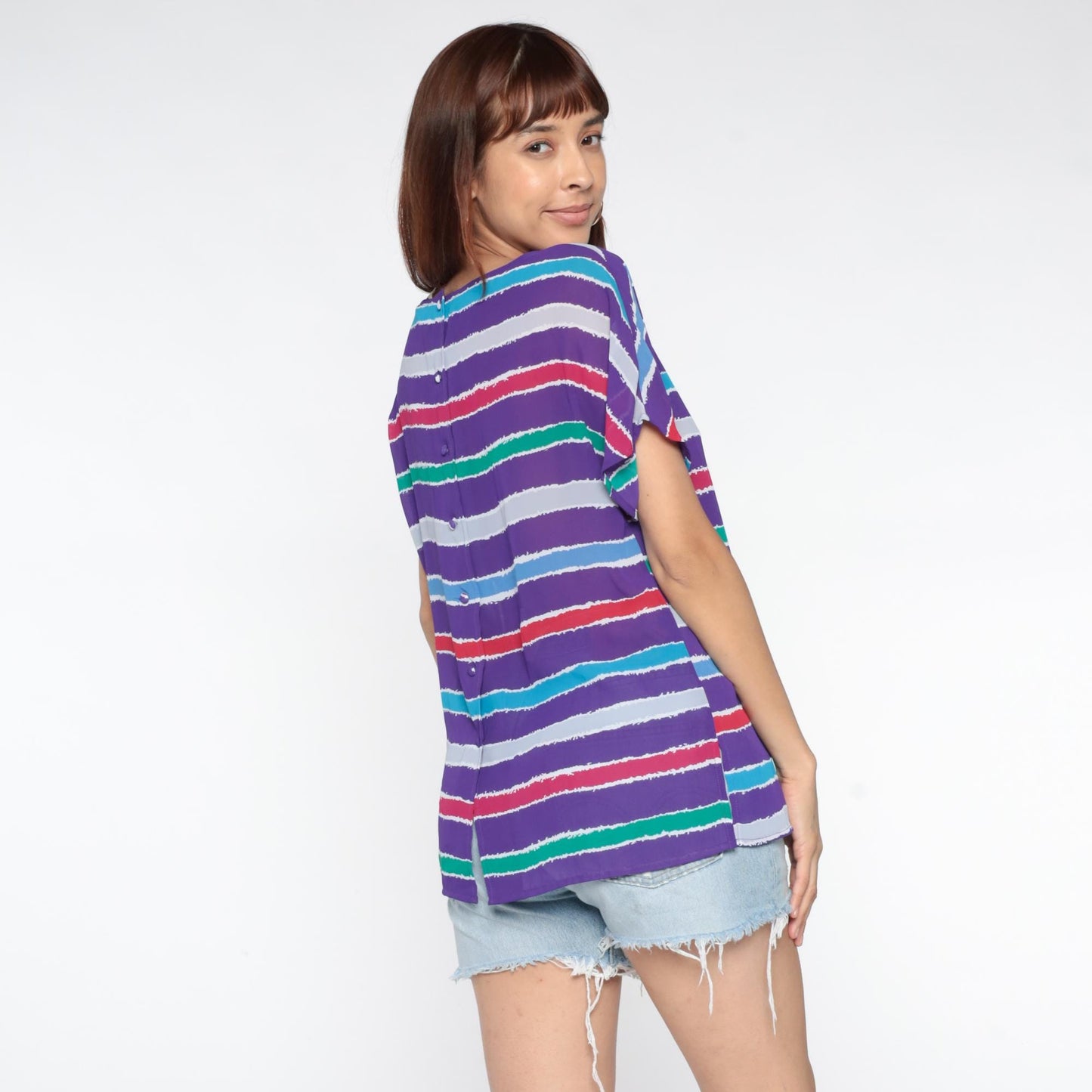 80s Purple Striped Tunic Cutout Back Geometric Short Sleeve Medium