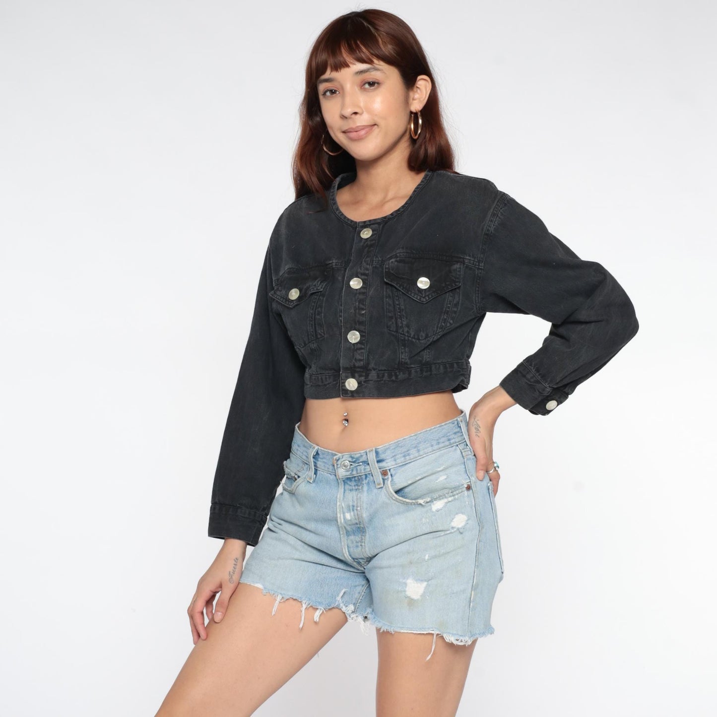 80s Black Denim Jacket Cropped Fitted Collarless Bleach Distressed Small S