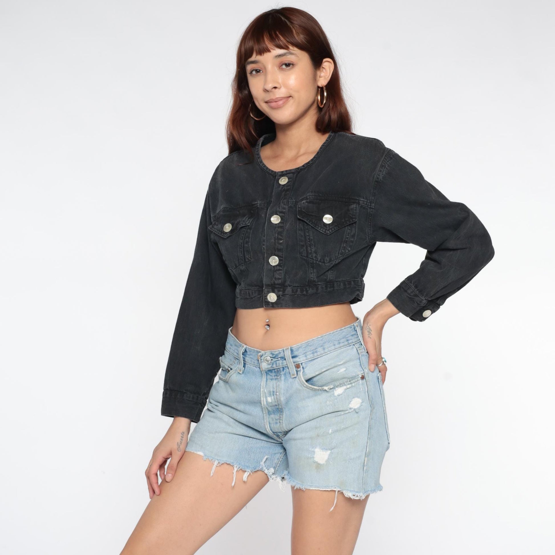 80s Black Denim Jacket Cropped Fitted Collarless Bleach Distressed Small S