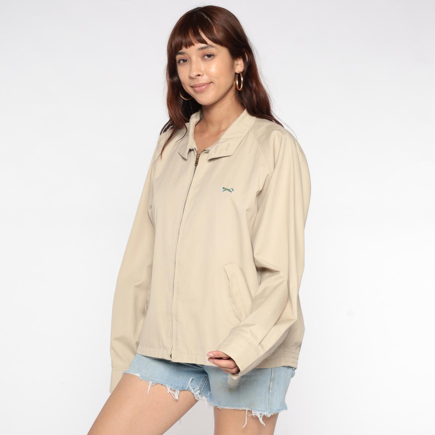 80s The Fox Beige Zip-Up Jacket Pointed Collar Embroidered Logo Medium
