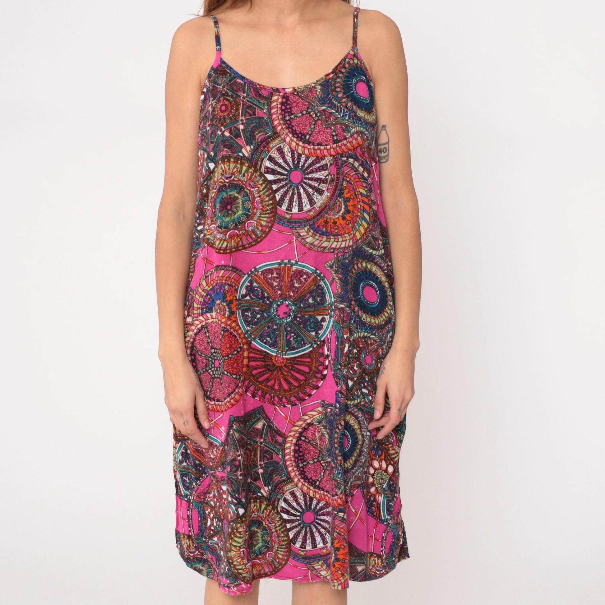 Y2K Psychedelic Mandala Slip Dress Pink Purple Spaghetti Strap Large L