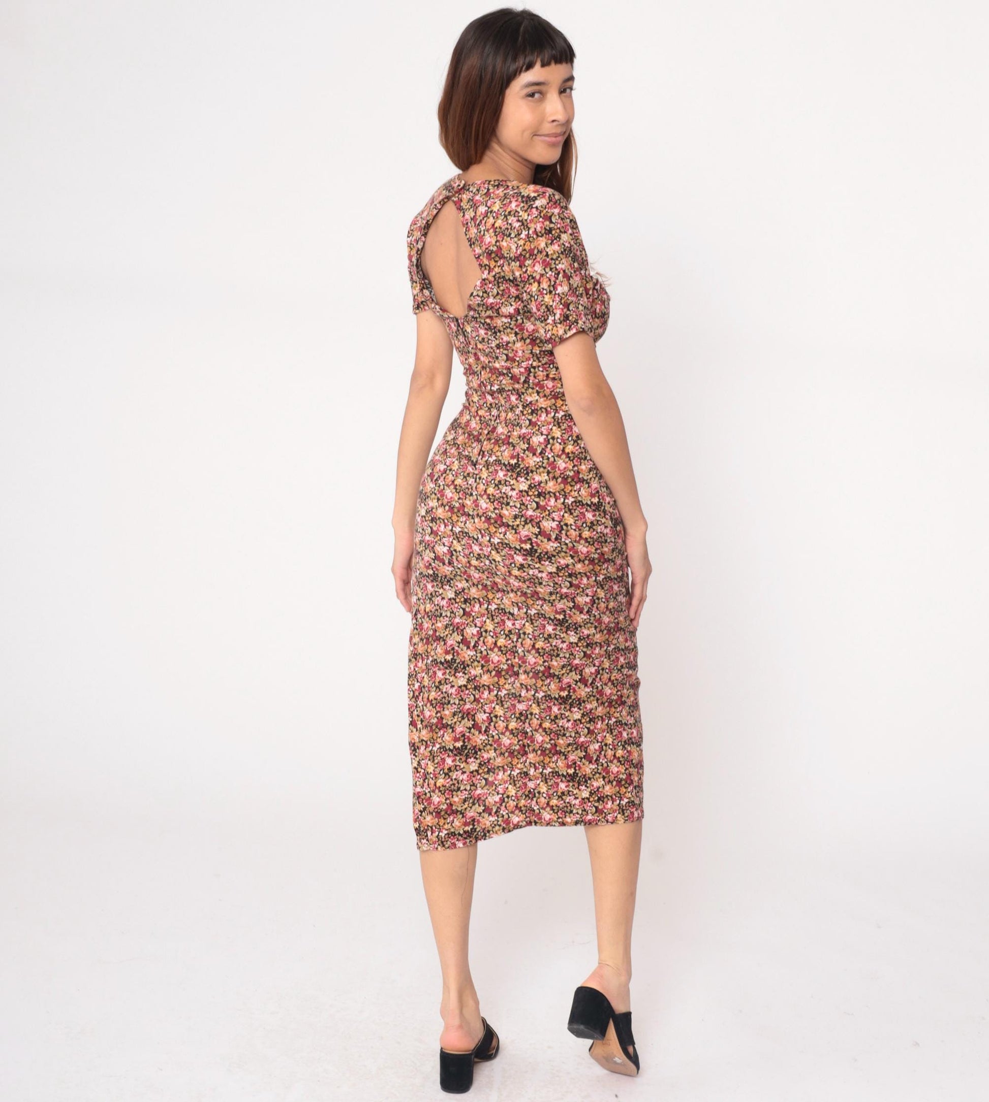 90s Floral Midi Dress Sweetheart Neckline Lace Trim Black Pink Small S