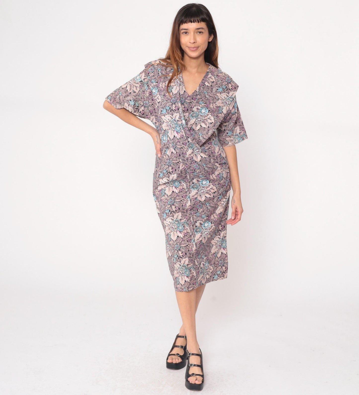 90s Pea Patch Floral Knee-Length Dress V-Neck Cotton Grey Medium