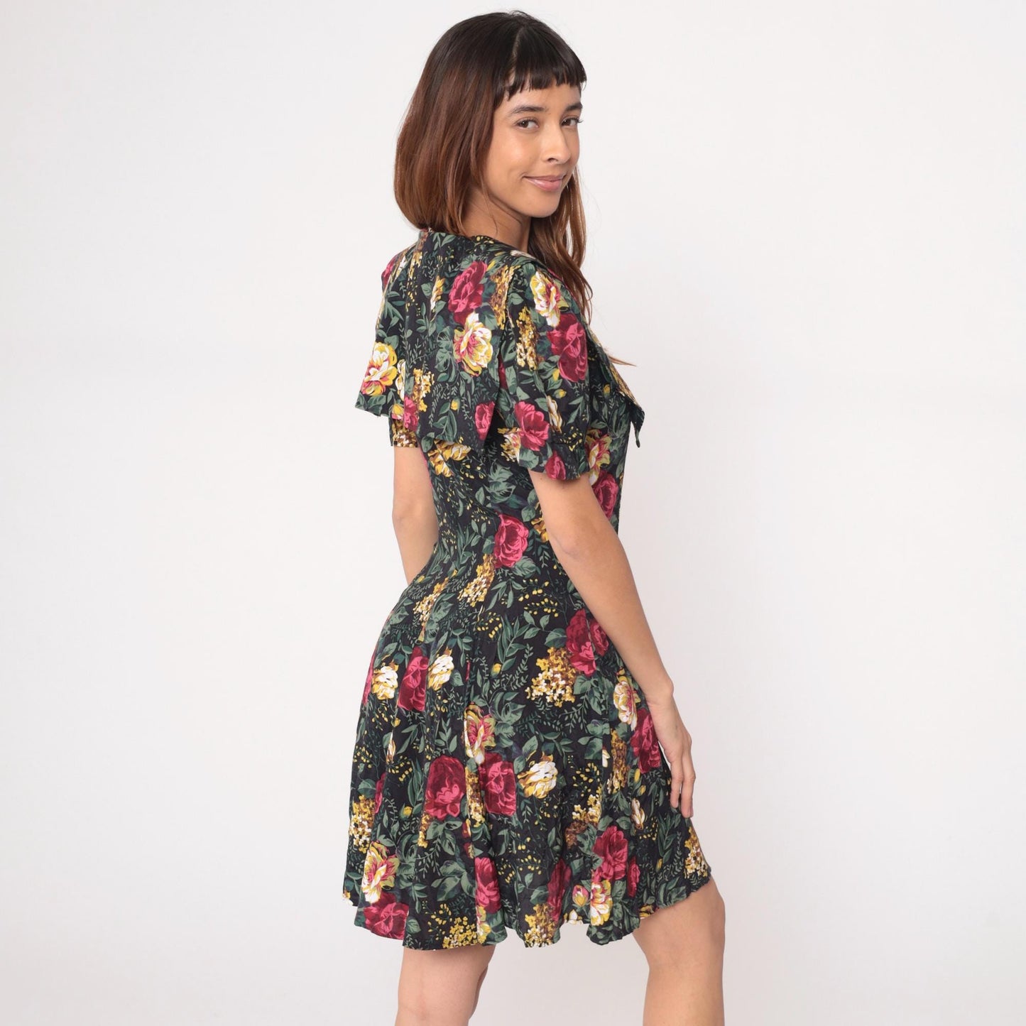 90s All That Jazz Floral Mini Dress Black Button Front V Neck Puff Sleeve Large