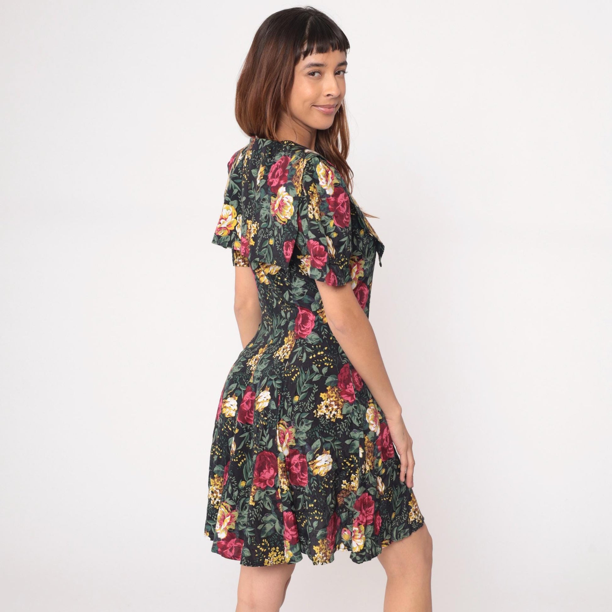 90s All That Jazz Floral Mini Dress Black Button Front V Neck Puff Sleeve Large
