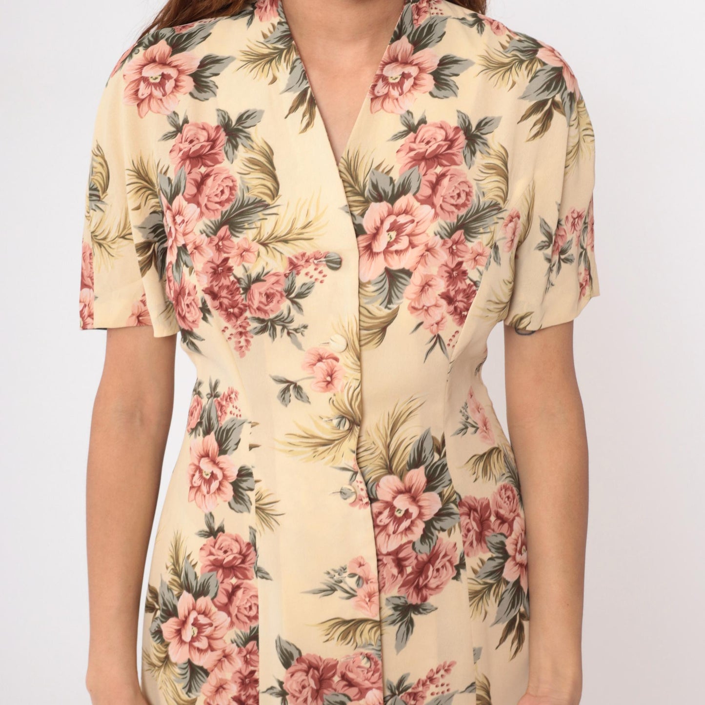 90s Yellow Floral Maxi Dress Pink Roses V-Neck Short Sleeve Medium