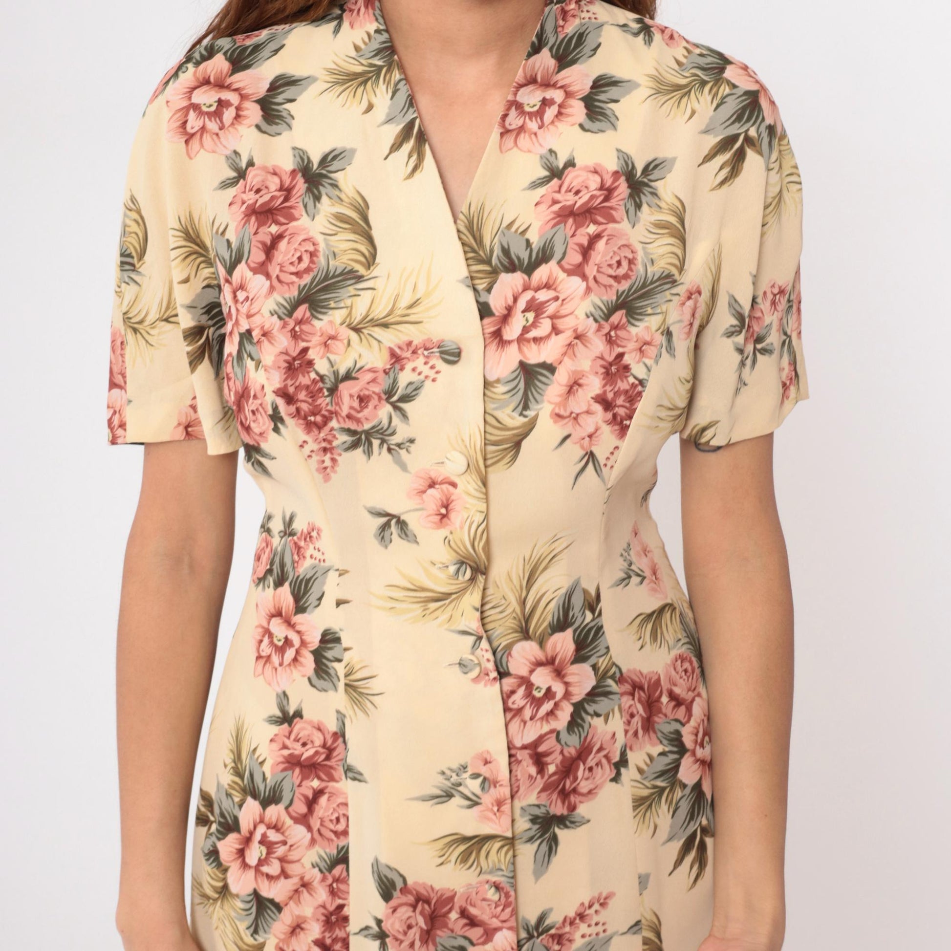 90s Yellow Floral Maxi Dress Pink Roses V-Neck Short Sleeve Medium