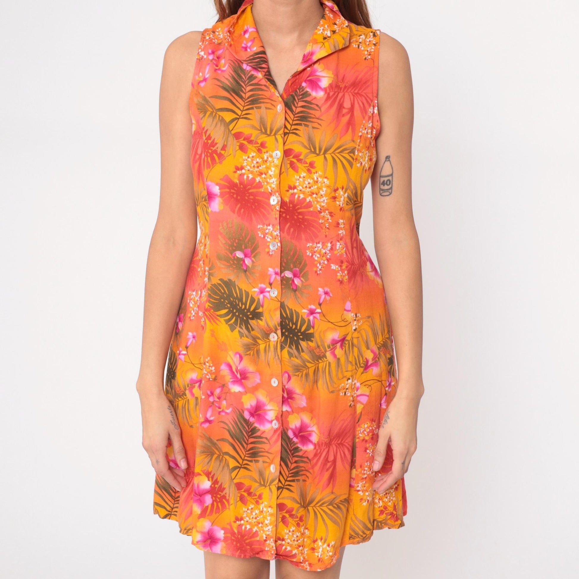 90s Impressions Tropical Floral Mini Dress Button Front Sleeveless Medium M
