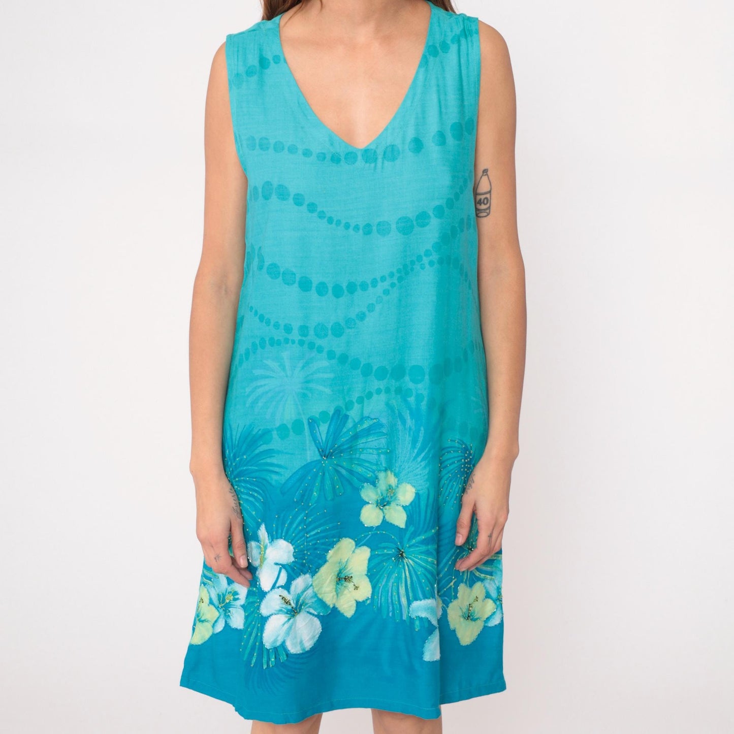 Y2K Hi Lites Hawaiian Dress Tropical Print Turquoise Knee Length Large L
