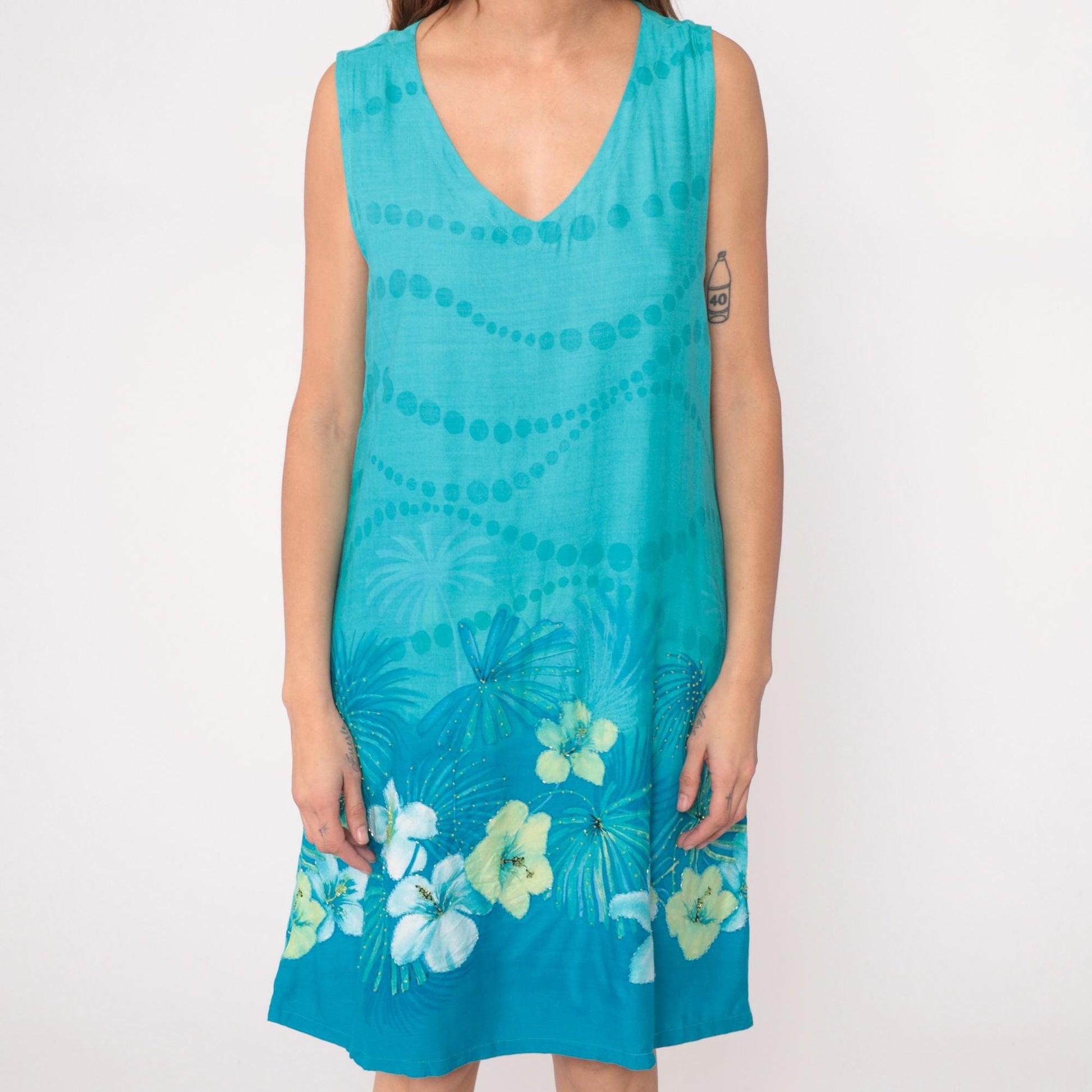 Y2K Hi Lites Hawaiian Dress Tropical Print Turquoise Knee Length Large L