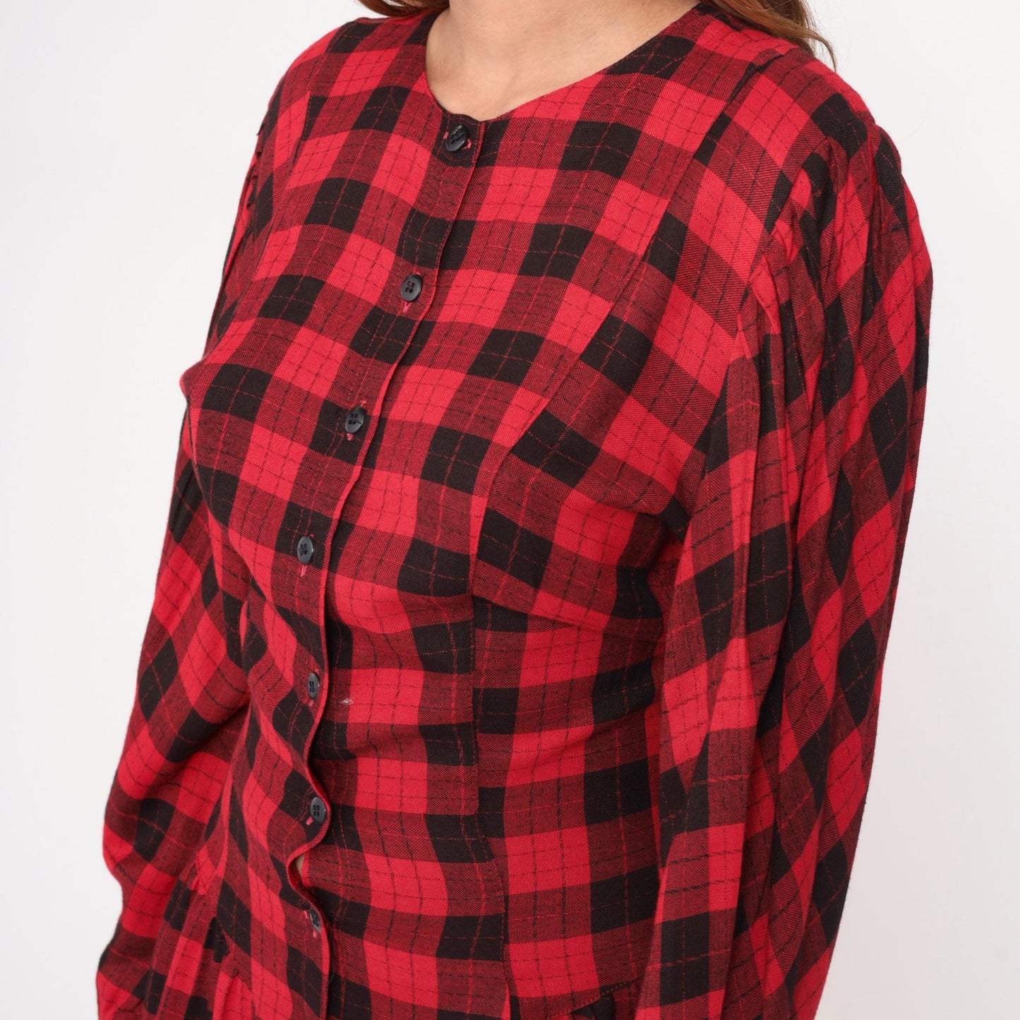 90s Phool Buffalo Plaid Maxi Dress Red Black Check Button Front Medium M