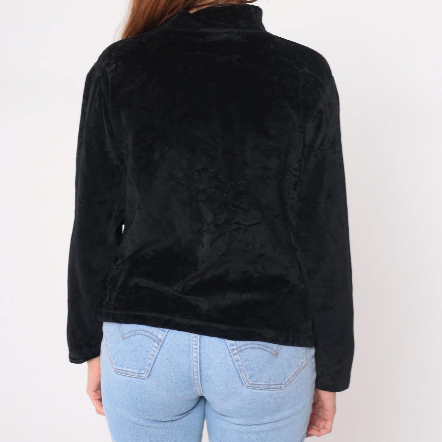 90s Erika Petite Black Velour Mock Neck Patchwork Top Red Paisley Petite Large