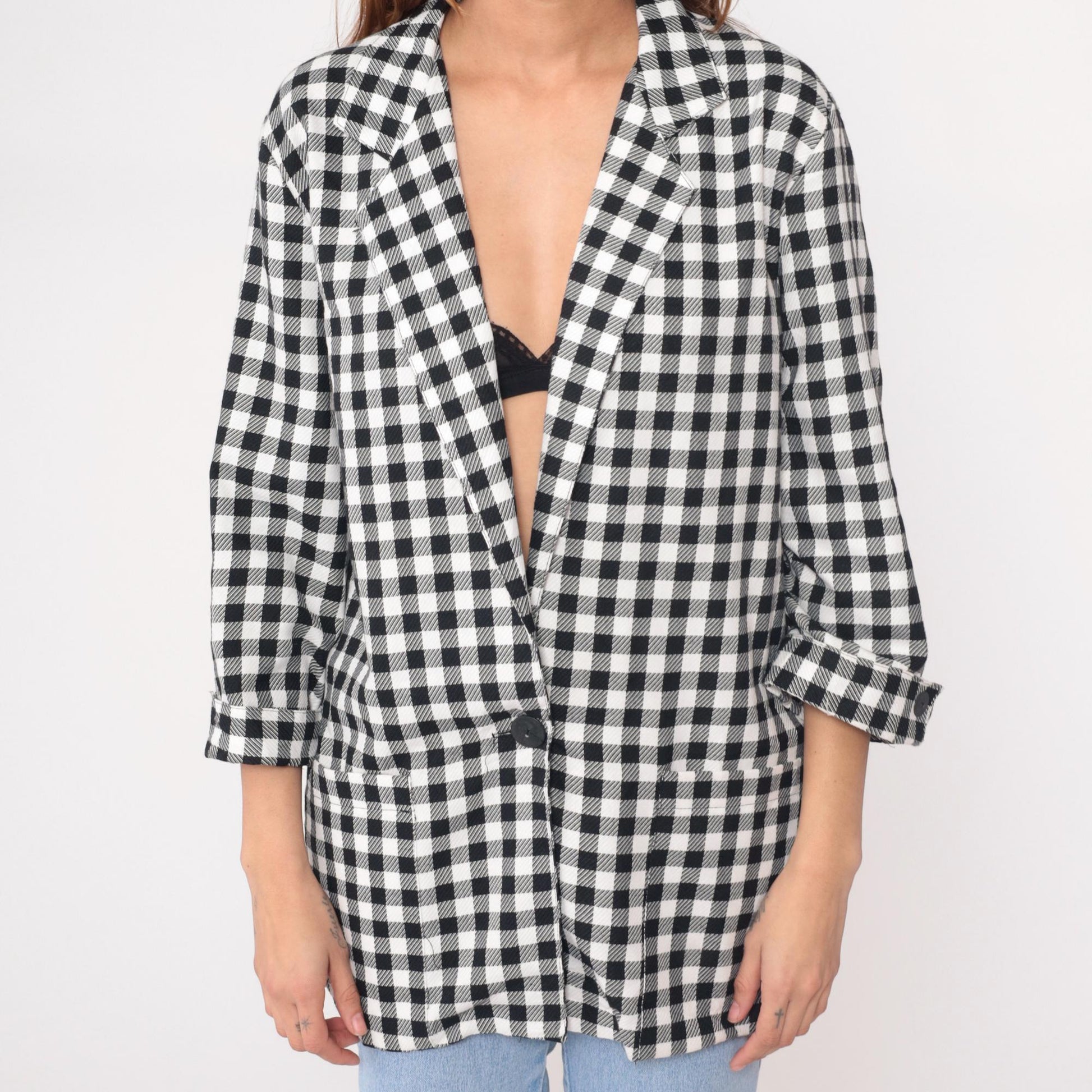 90s Kenneth Mitchell Black White Gingham Blazer Notched Collar Medium