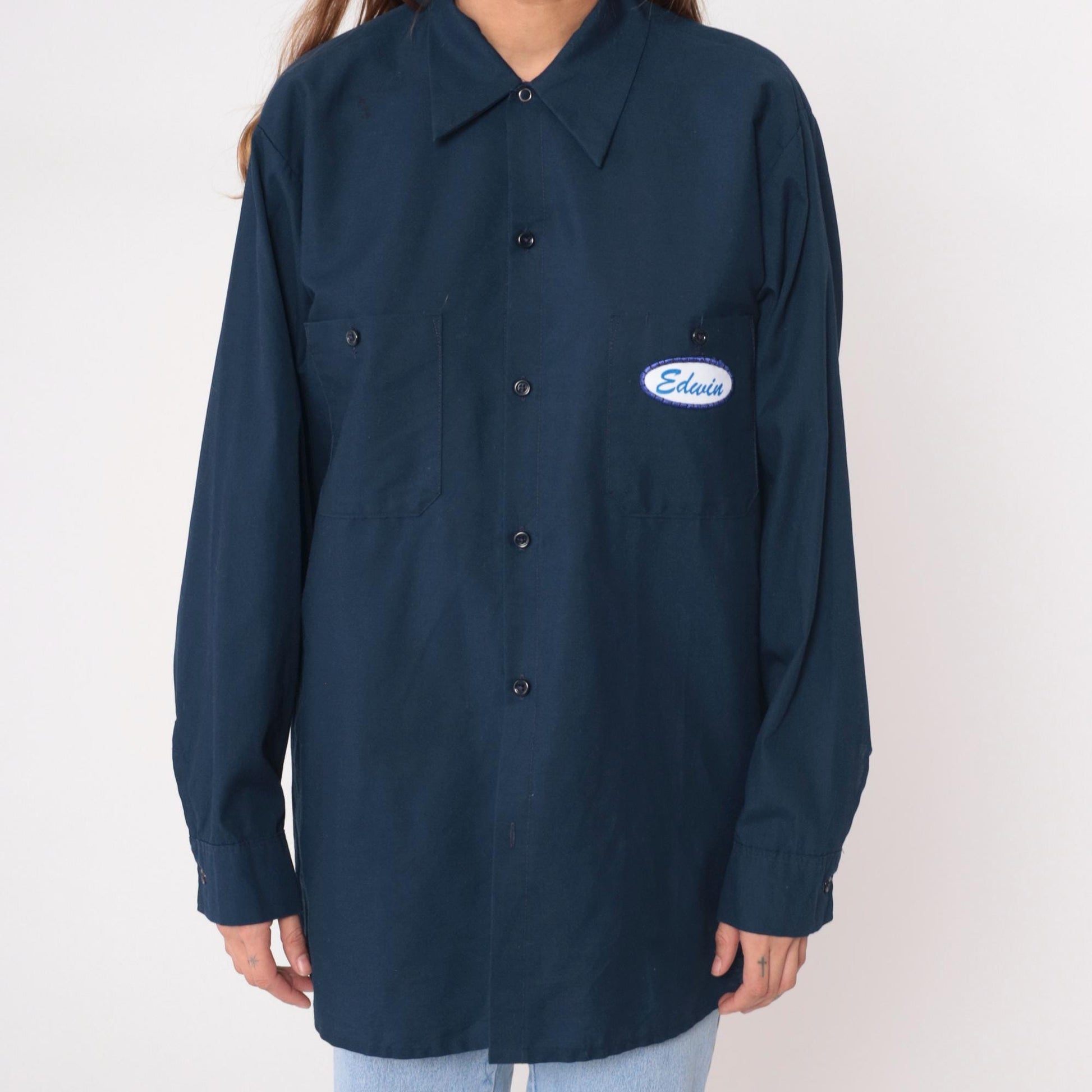 90s Valley Industrial Services Navy Work Shirt Edwin Name Patch Large L