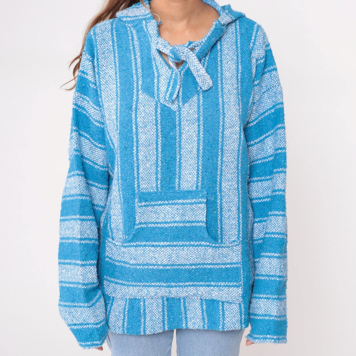 90s Blue White Striped Baja Hoodie Pullover Kangaroo Pocket Large