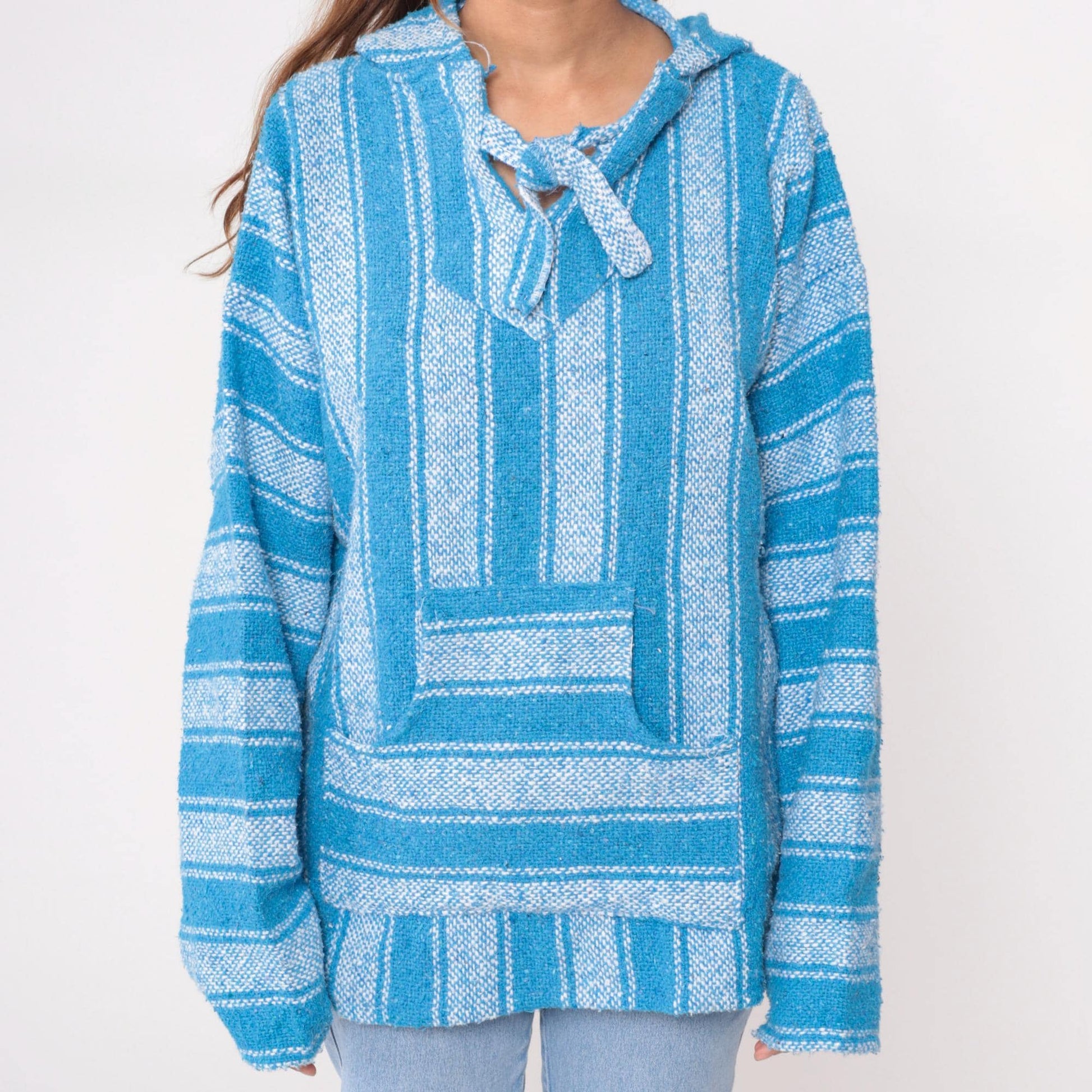 90s Blue White Striped Baja Hoodie Pullover Kangaroo Pocket Large