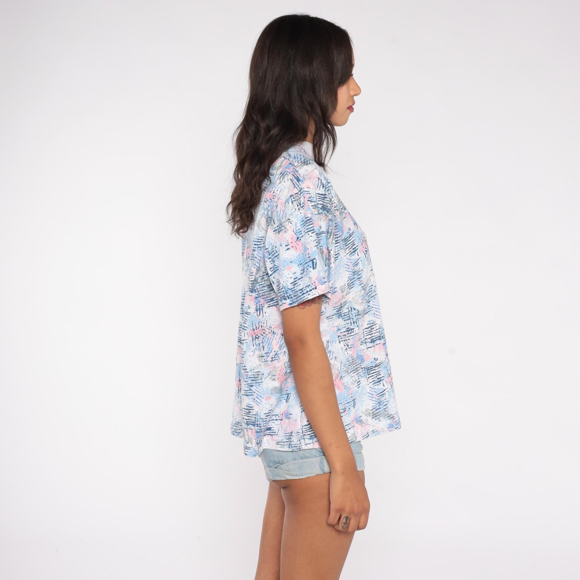 90s Abstract Brushstroke T-Shirt Pastel Blue Pink Grey Small
