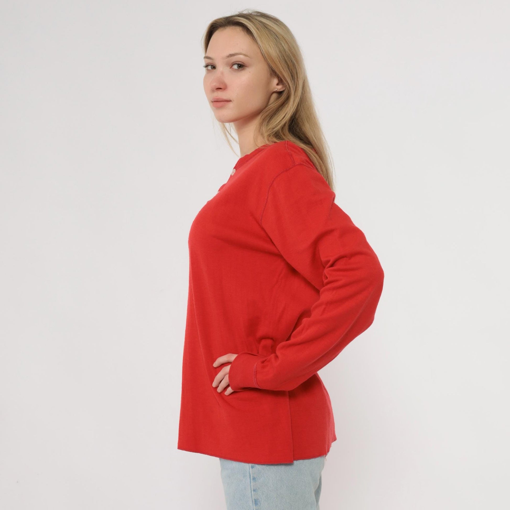80s LL Bean Red Henley Shirt Cotton Blend Long Sleeve Medium