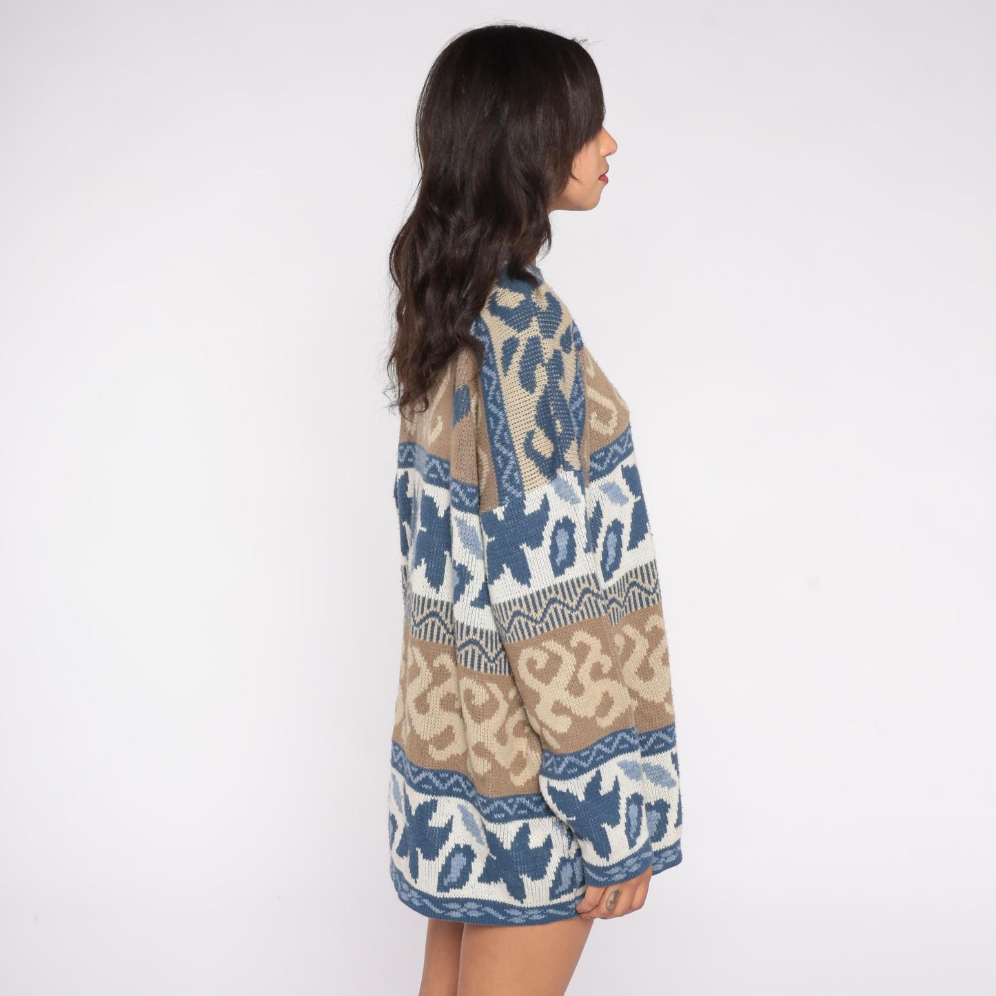 80s Nan Dorsey Fair Isle Sweater Nordic Hearts Blue Brown Geometric Knit Extra Large