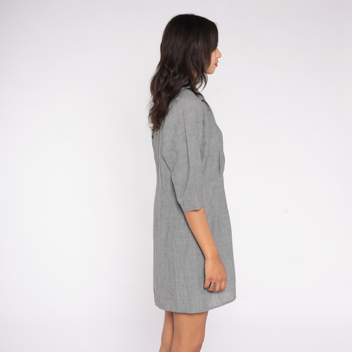 1950s Grey Shirt Dress Button-Front Collar A-Line Knee-Length Large L