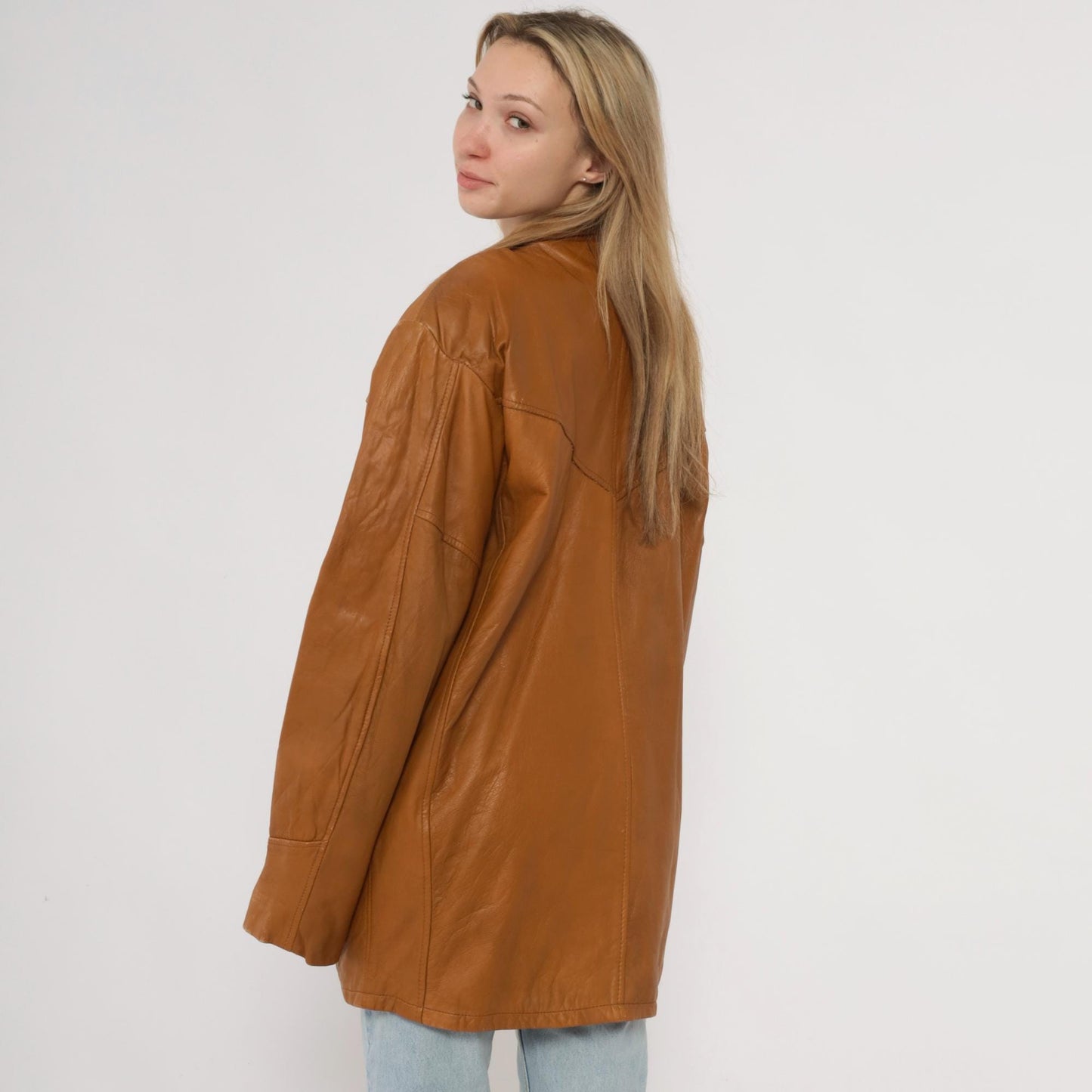 80s Camel Leather Blazer Button Front Patch Pockets Long Sleeve Large L
