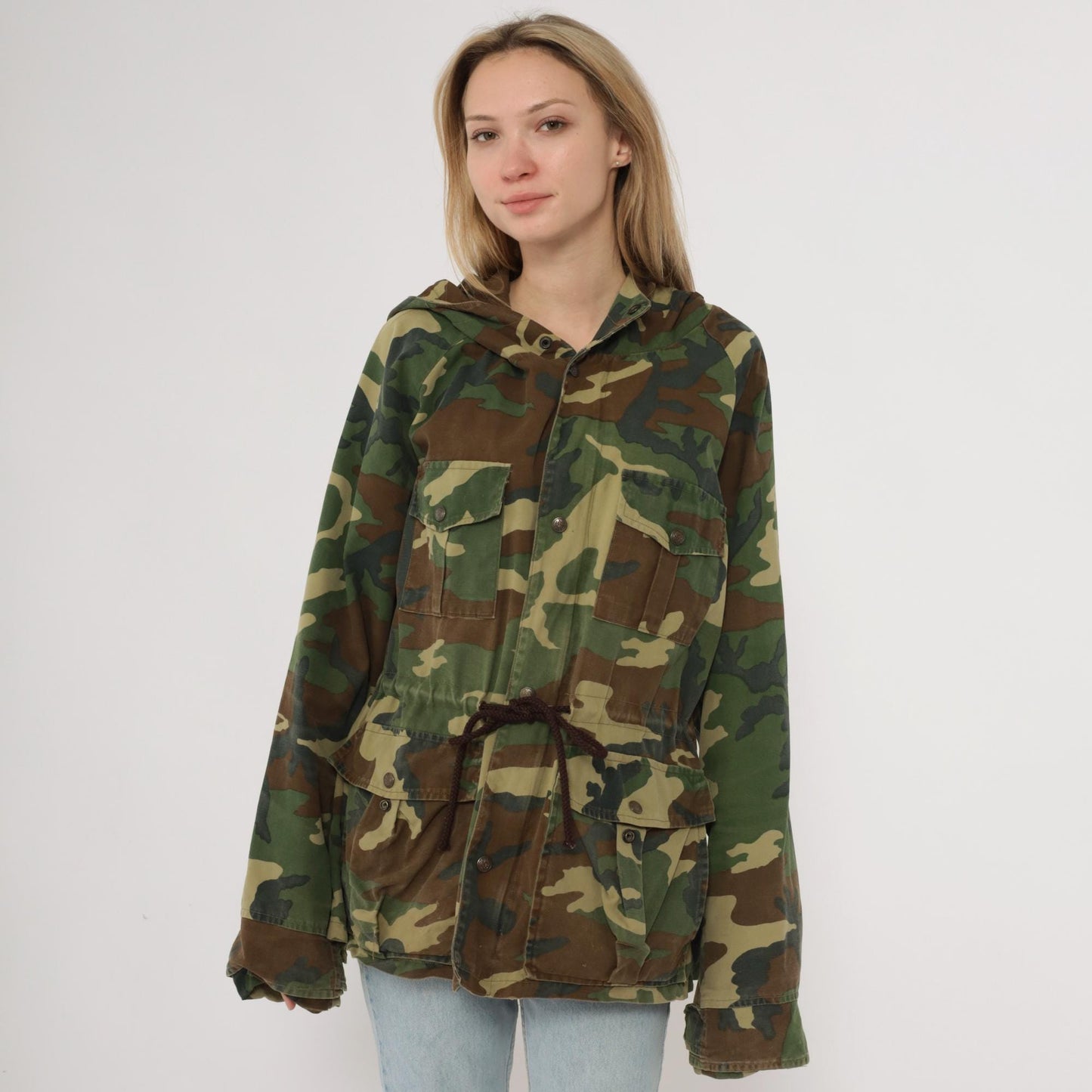 90s Black Sheep Woodland Camo Hooded Jacket Olive Green Cotton Large