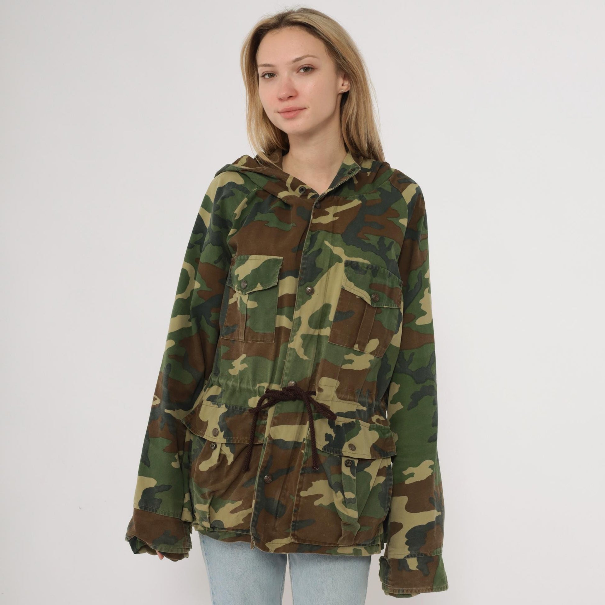 90s Black Sheep Woodland Camo Hooded Jacket Olive Green Cotton Large