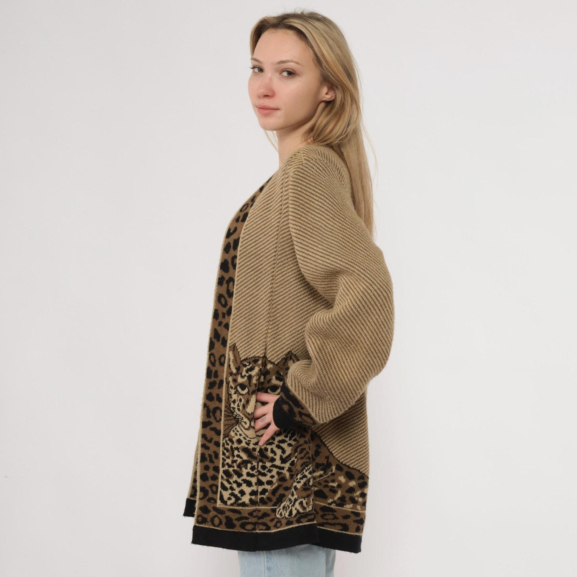 80s Romaye Leopard Cardigan Tan Striped Wool Blend Small S