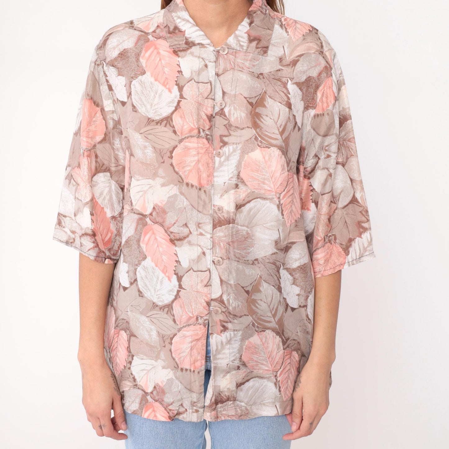 90s Silk Leaf Botanical Blouse Pointed Collar Three-Quarter Sleeve Beige Medium M
