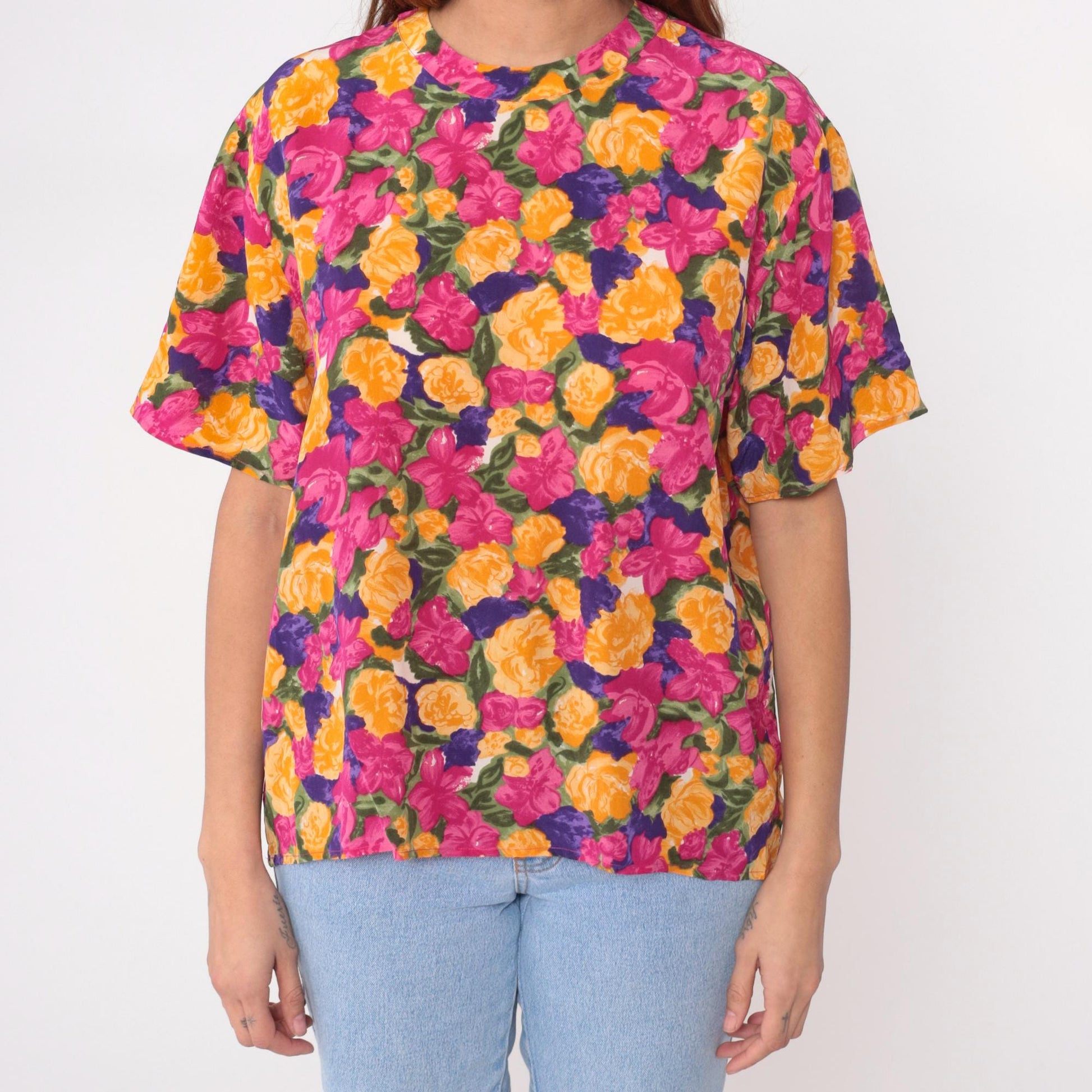 90s Winter Silks Floral Blouse Rose Print Royal Blue Short Sleeve Medium