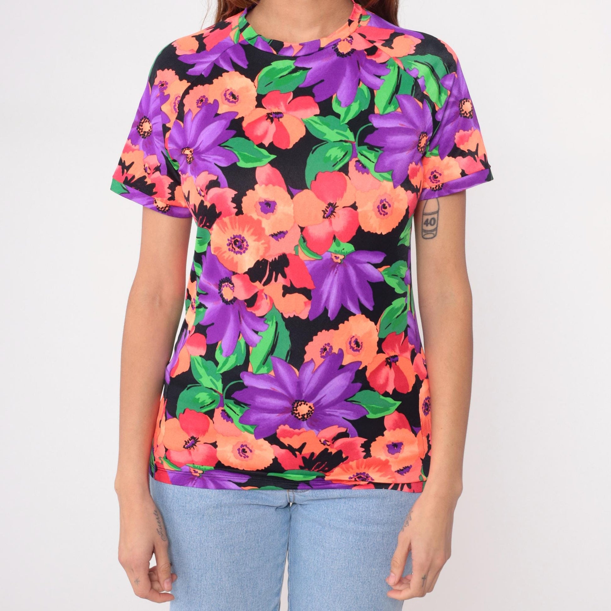90s Floral T-Shirt Purple Orange Green Black Watercolor Print Fitted Small