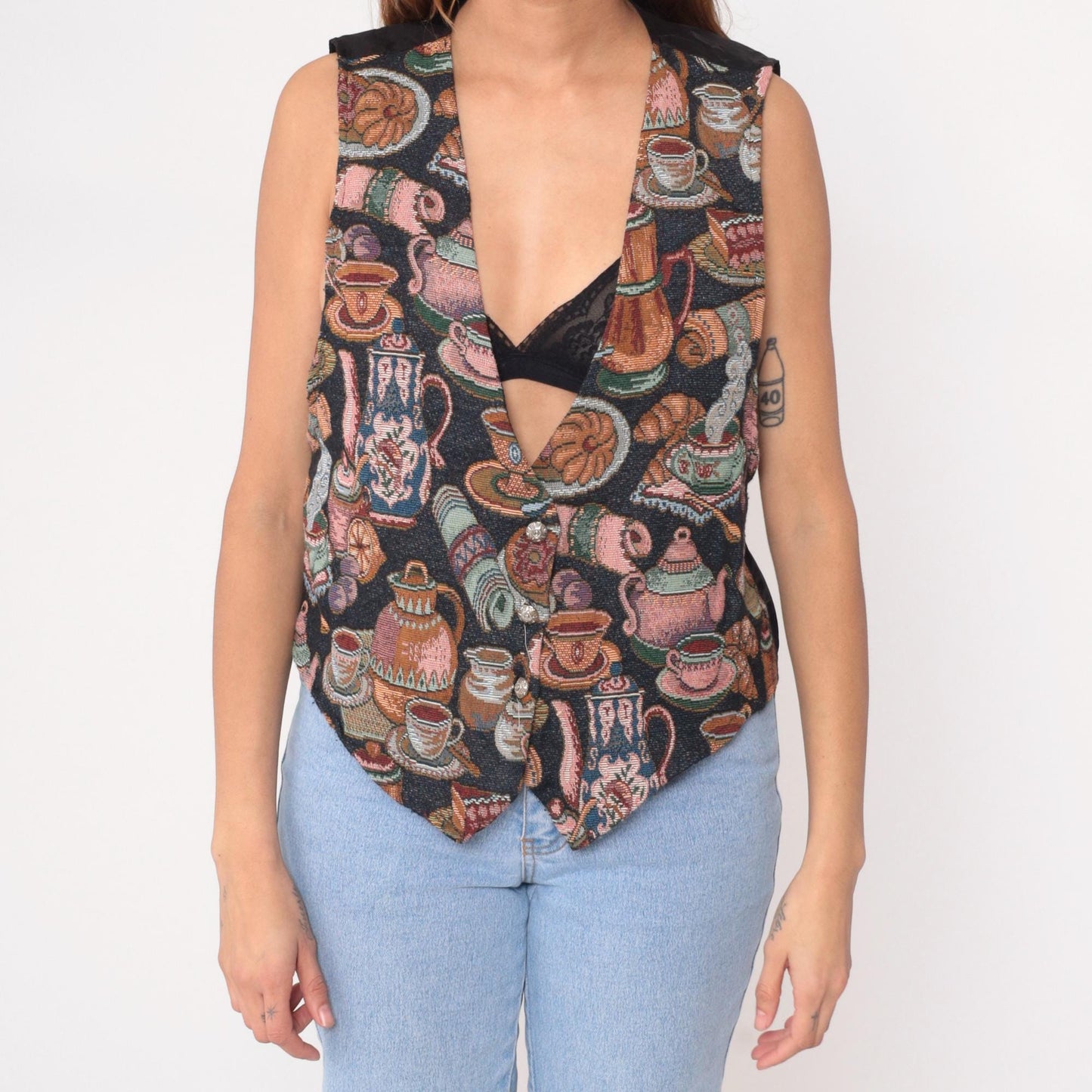 90s Backroad Blues Coffee Tapestry Vest Black Jacquard V-Neck Large L