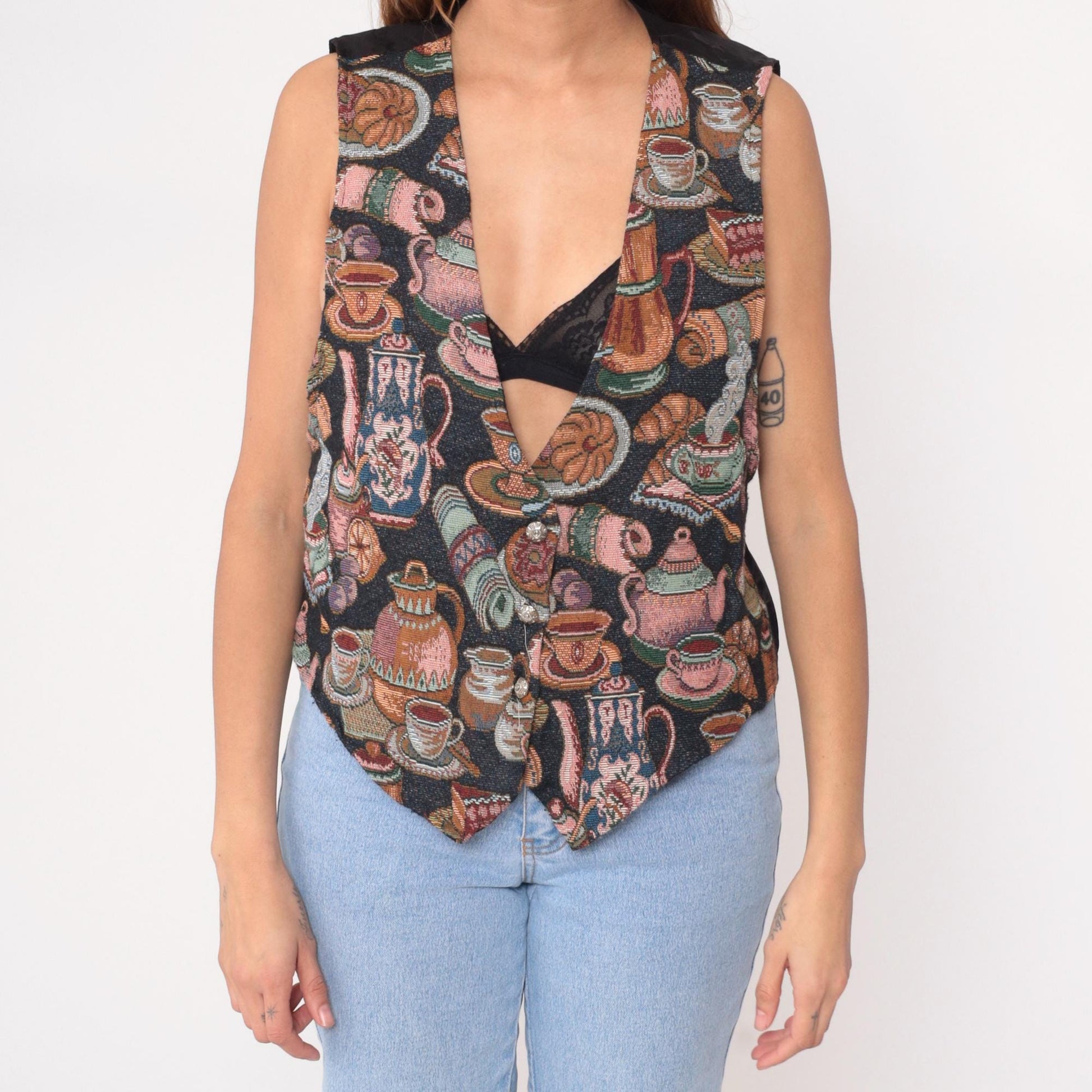 90s Backroad Blues Coffee Tapestry Vest Black Jacquard V-Neck Large L