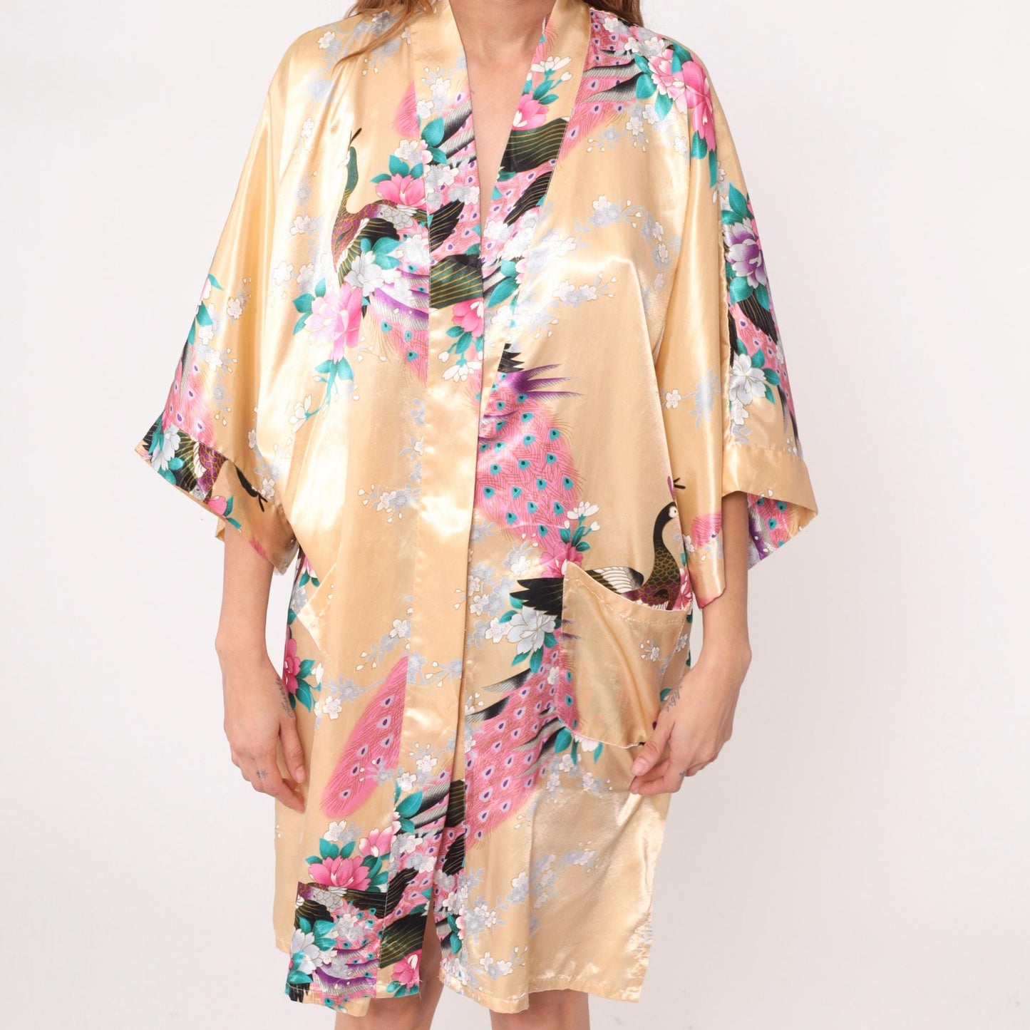 90s Gold Peacock Kimono Robe Knee Length Satin Floral Open Front Medium