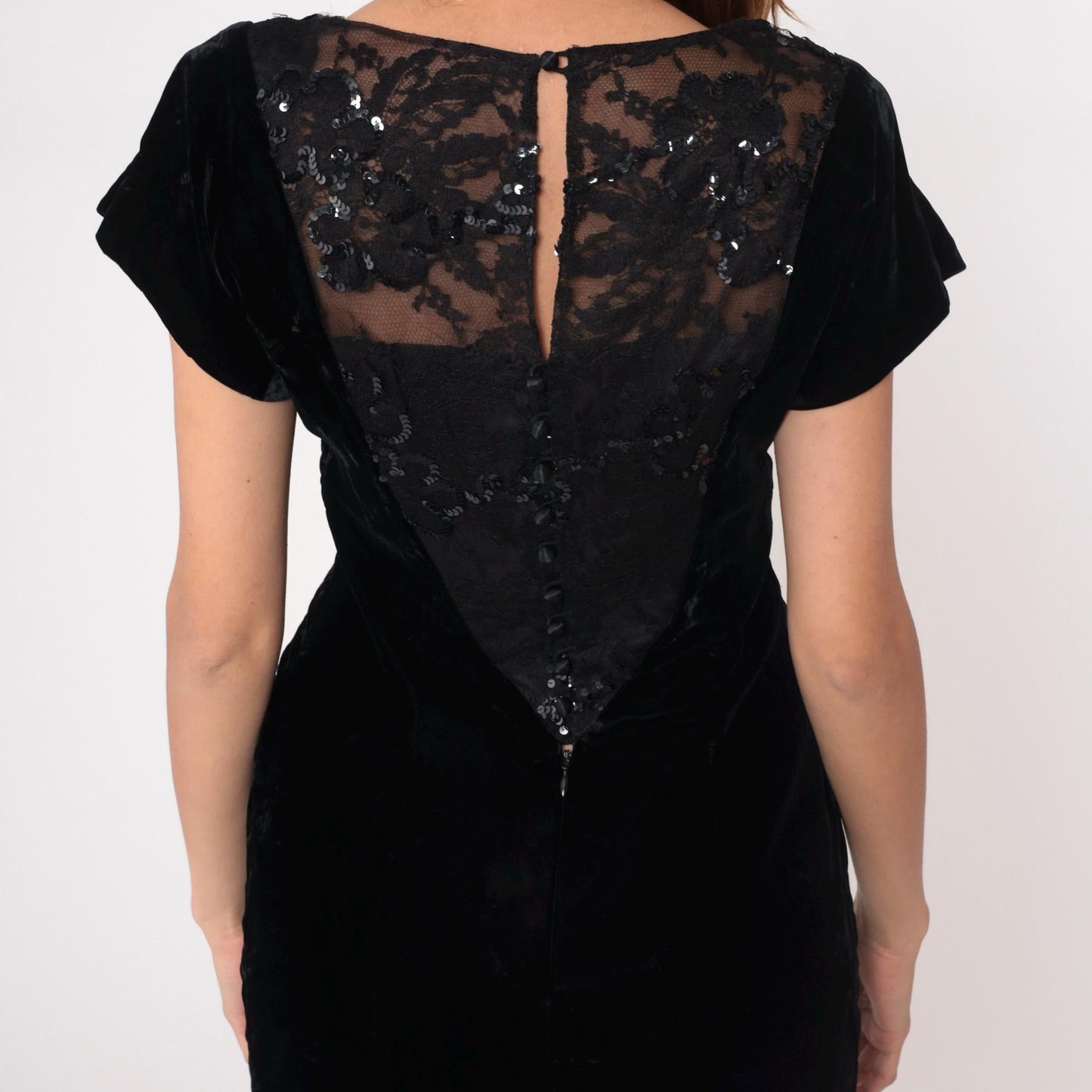 90s Black Velvet Dress Sequin Lace Back Panel Knee-Length Small S