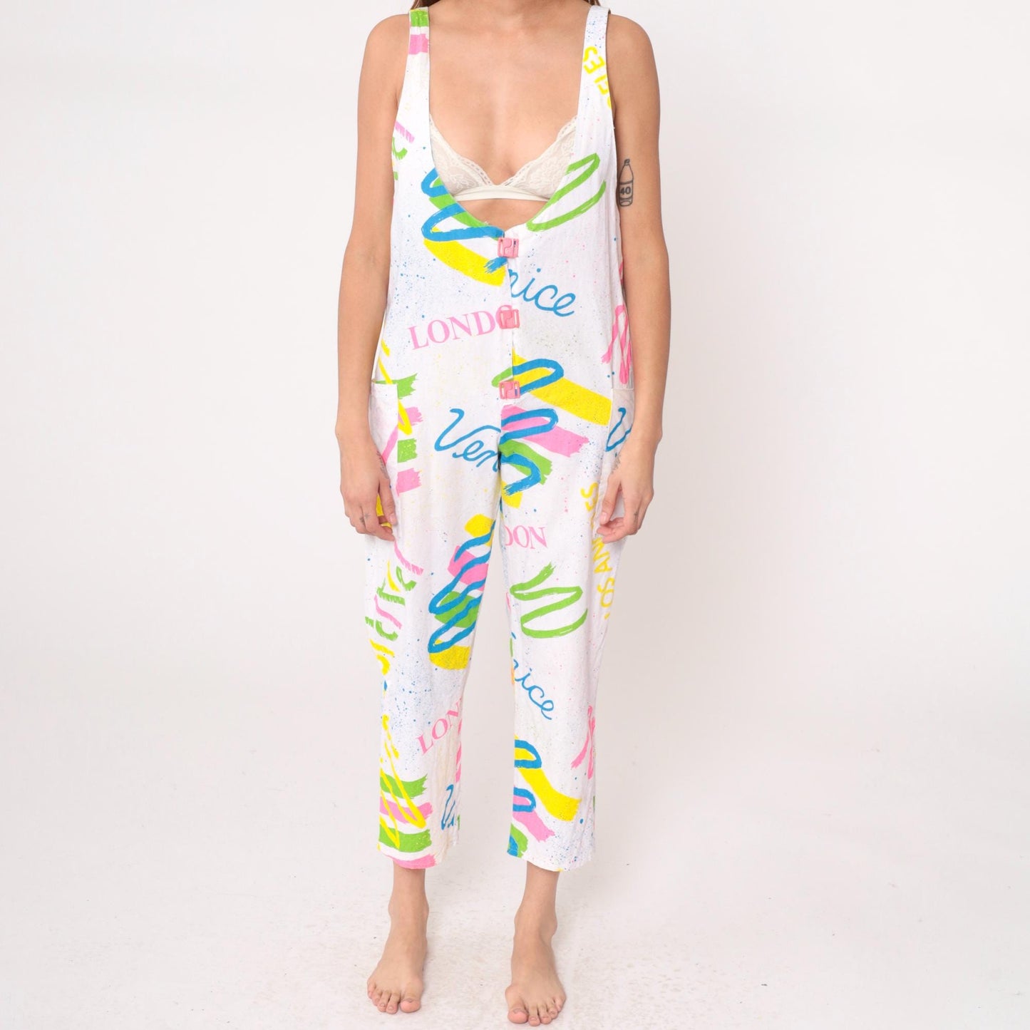 90s White Jumpsuit London Venice Graphic Print Deep V Neck Medium M