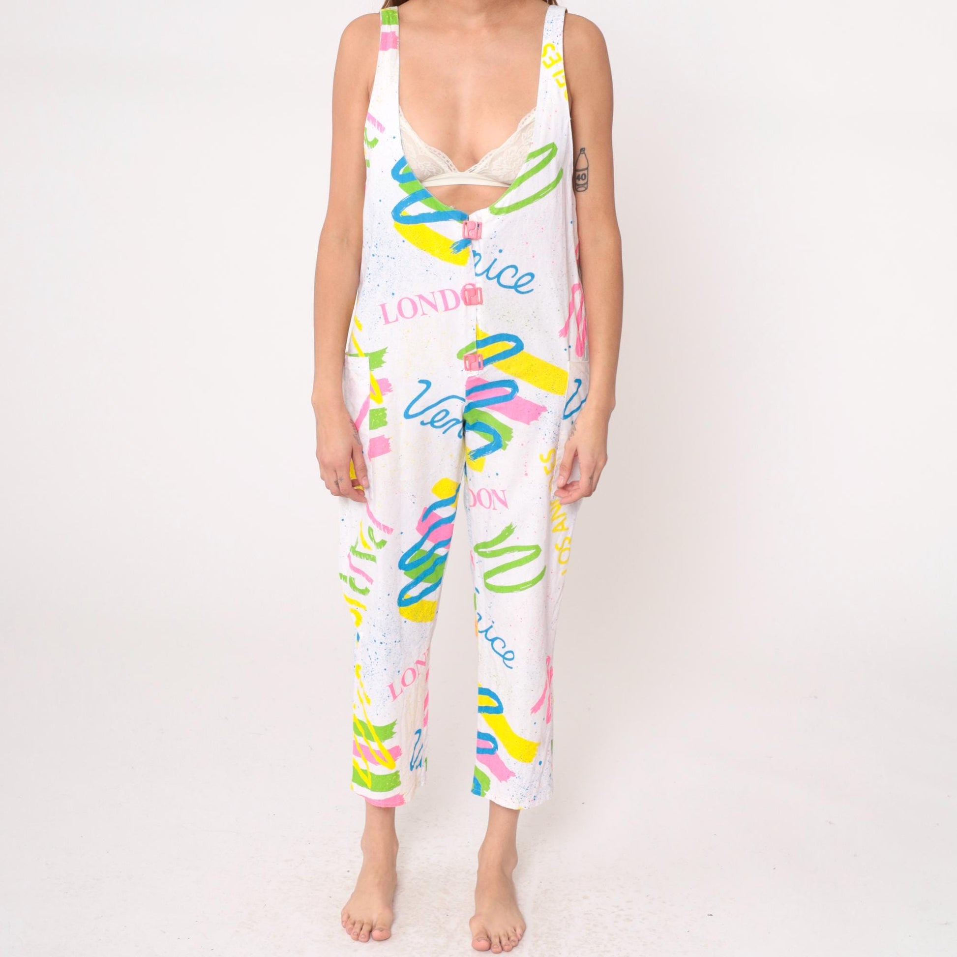 90s White Jumpsuit London Venice Graphic Print Deep V Neck Medium M