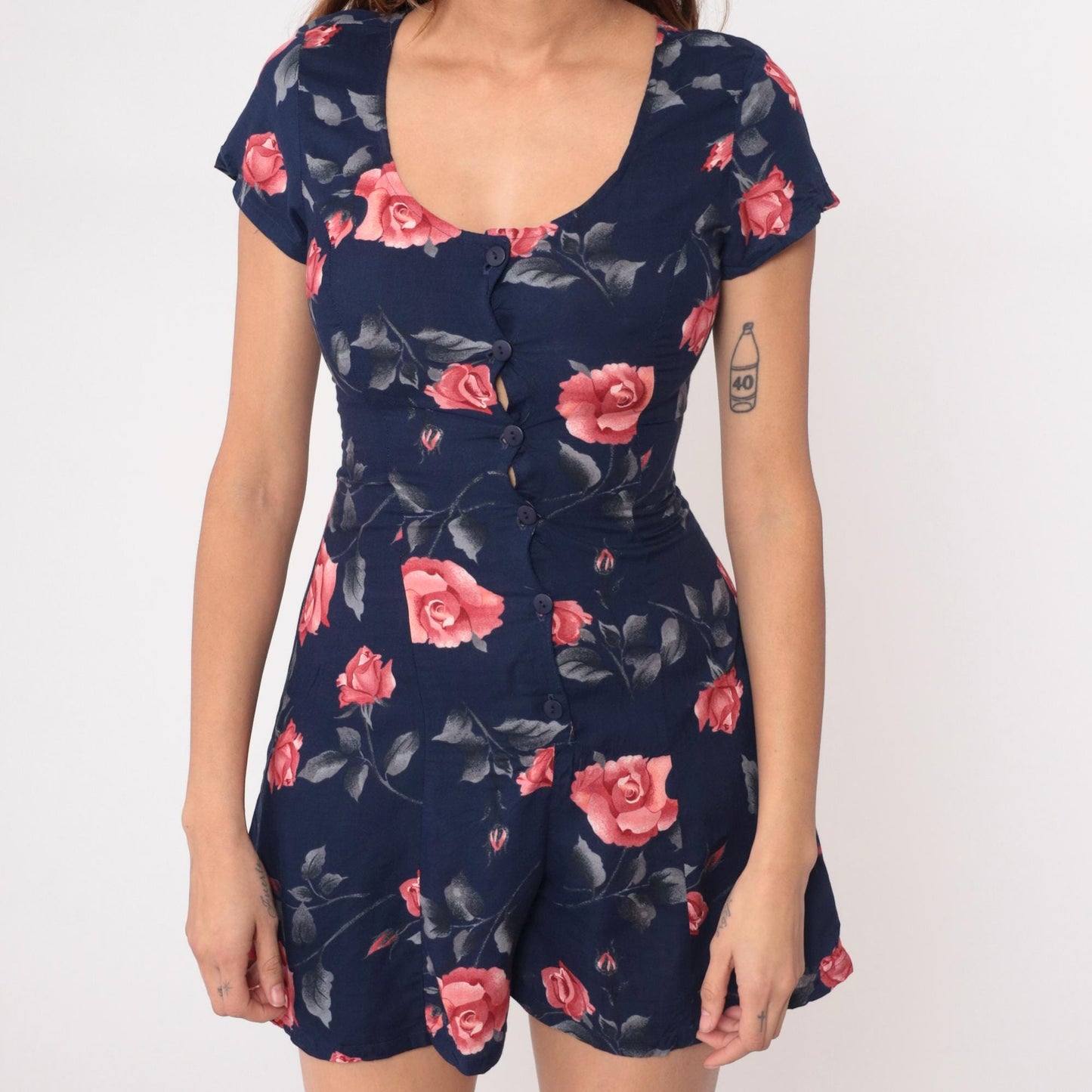 90s Navy Floral Romper Pink Rose Print Button Front Mini Small S