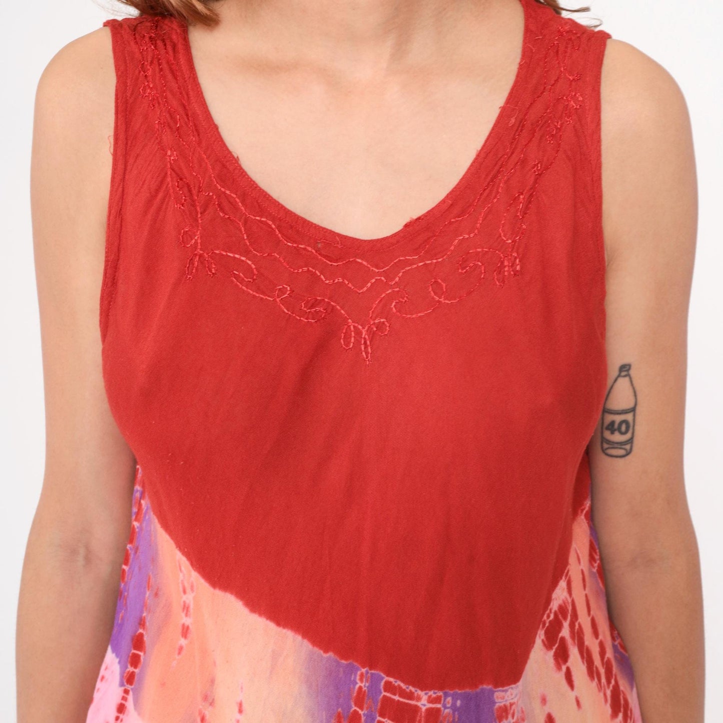 Y2K Tie Dye Mini Dress Red Pink Purple V Neck Sleeveless Medium